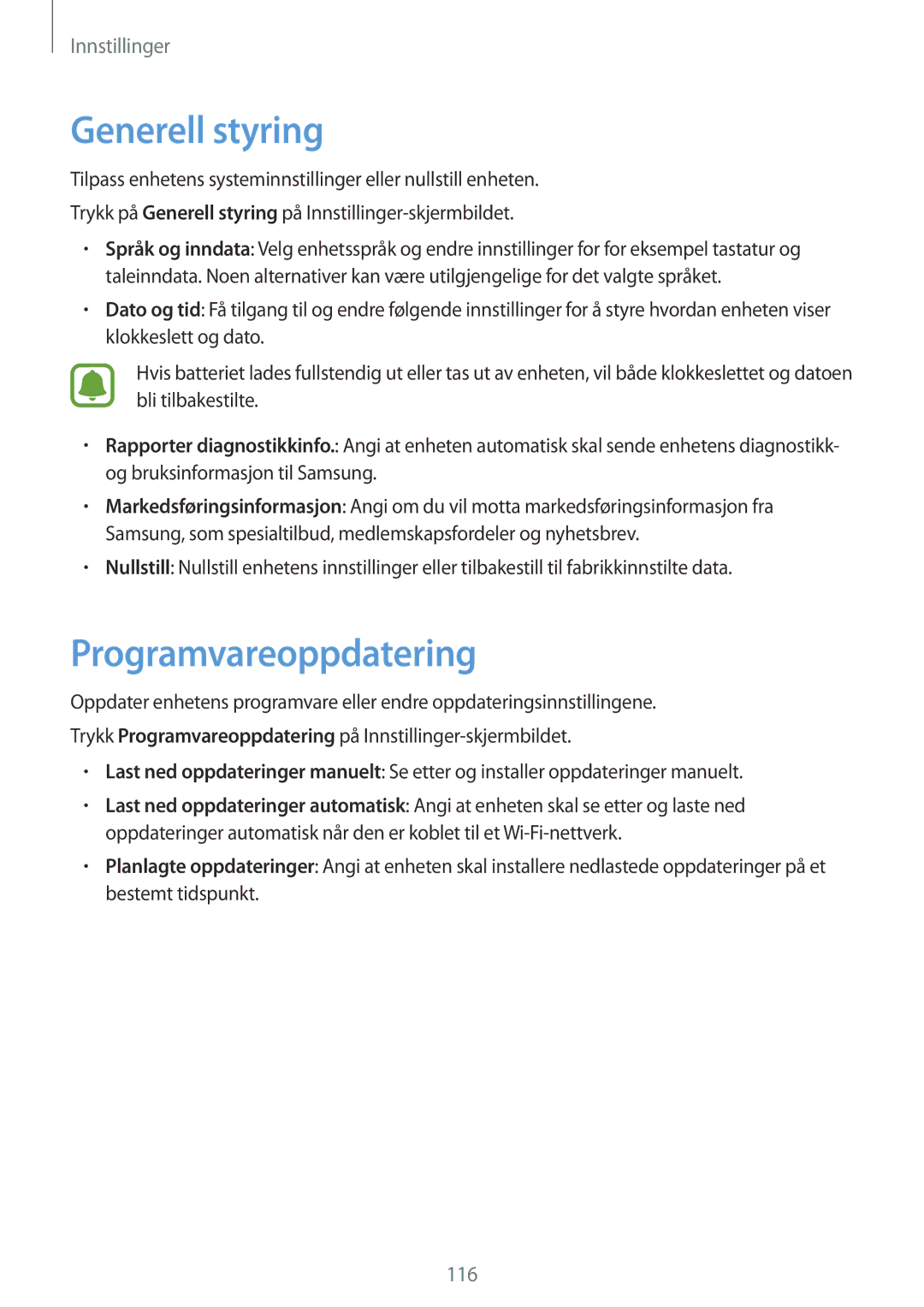 Samsung SM-A310FZDANEE, SM-A310FZKANEE, SM-A310FZWANEE manual Generell styring, Programvareoppdatering 