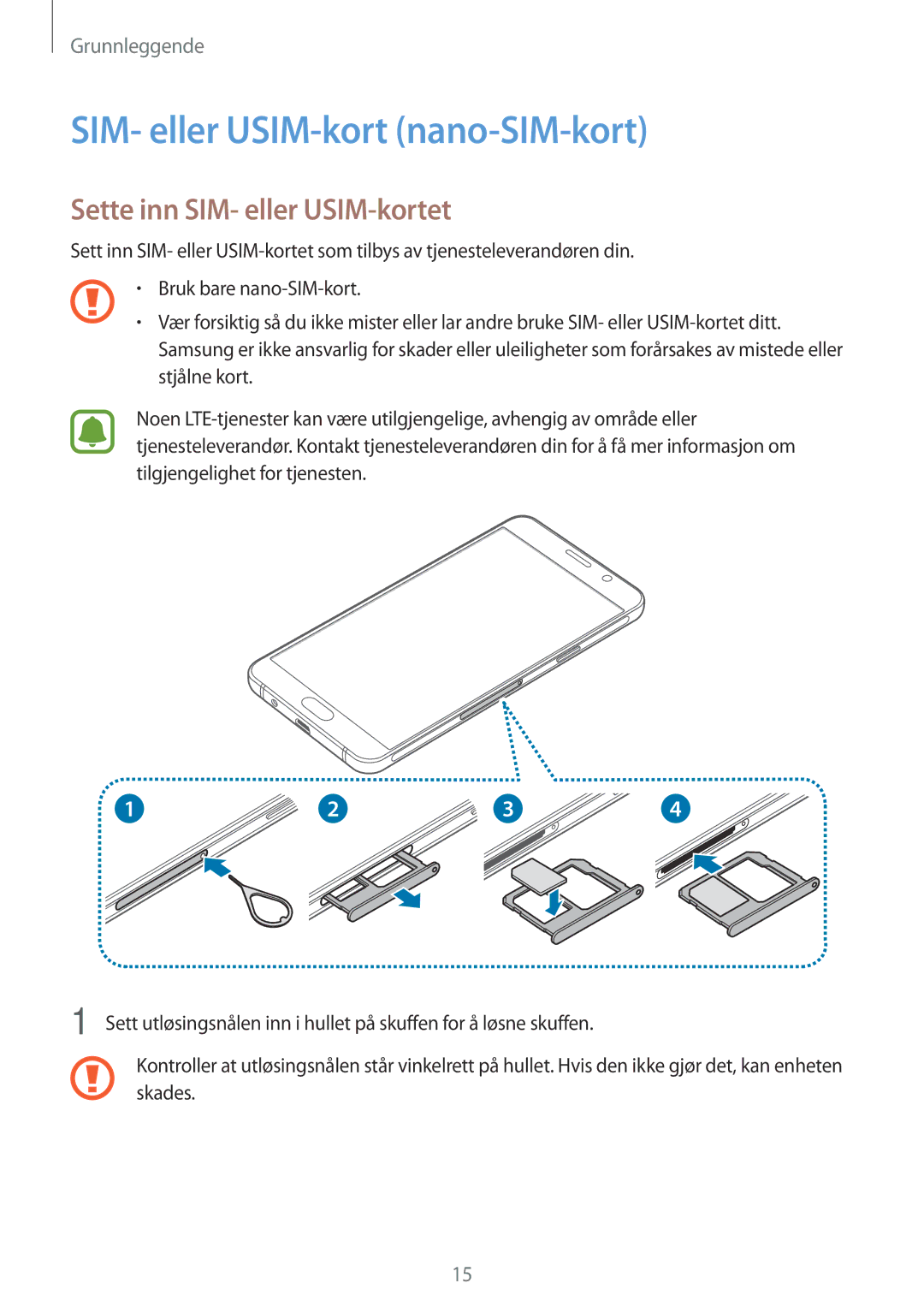 Samsung SM-A310FZKANEE, SM-A310FZWANEE, SM-A310FZDANEE SIM- eller USIM-kort nano-SIM-kort, Sette inn SIM- eller USIM-kortet 