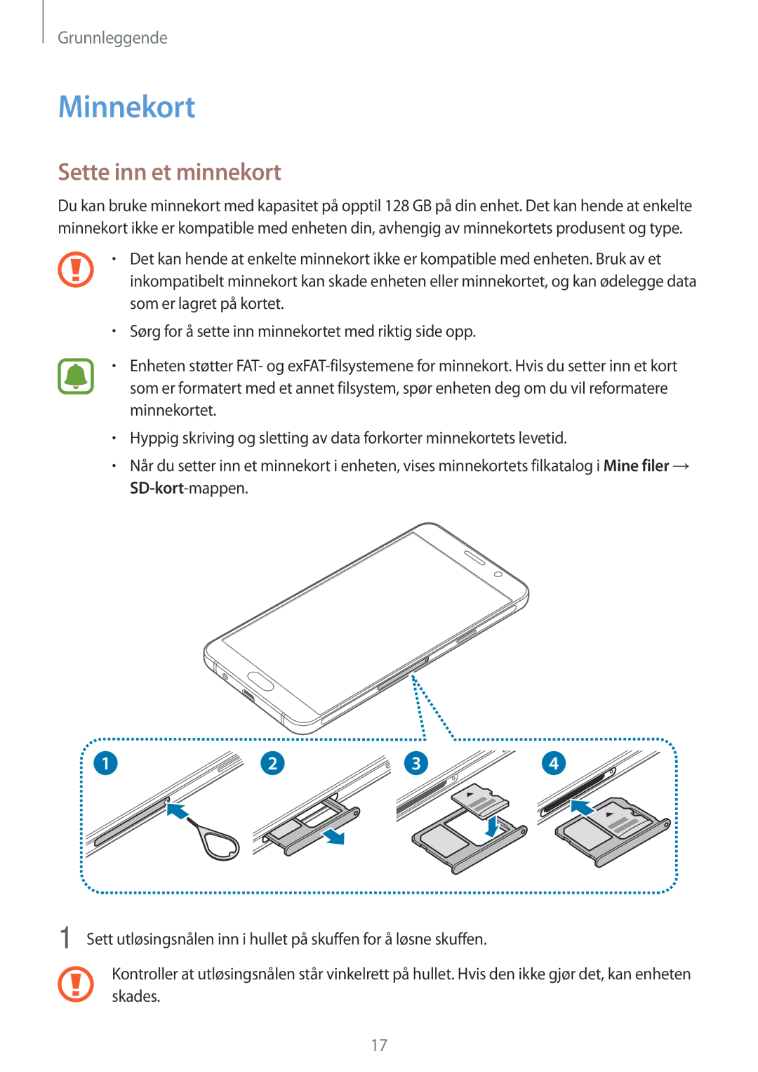 Samsung SM-A310FZDANEE, SM-A310FZKANEE, SM-A310FZWANEE manual Minnekort, Sette inn et minnekort 