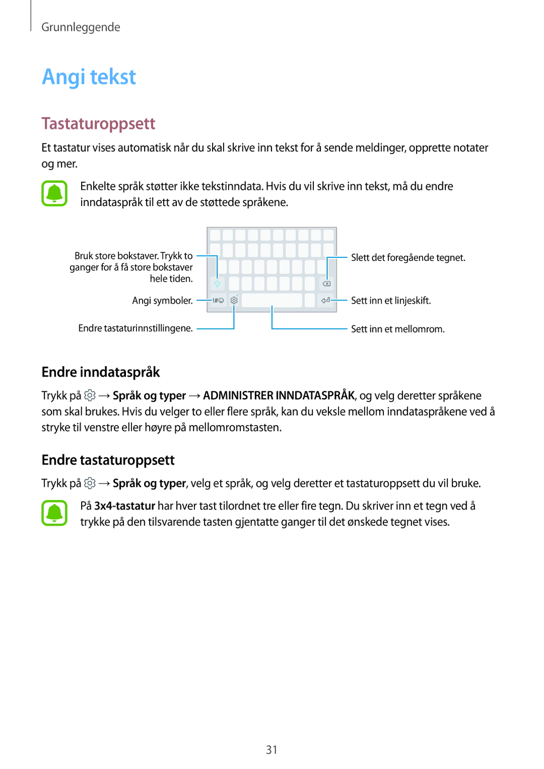 Samsung SM-A310FZWANEE, SM-A310FZKANEE manual Angi tekst, Tastaturoppsett, Endre inndataspråk, Endre tastaturoppsett 