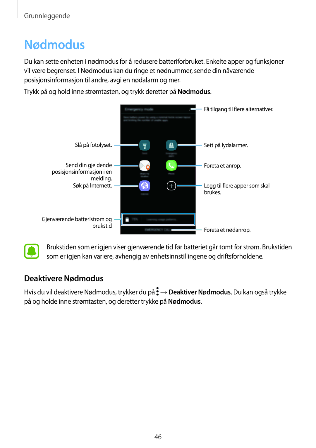 Samsung SM-A310FZWANEE, SM-A310FZKANEE, SM-A310FZDANEE manual Deaktivere Nødmodus 