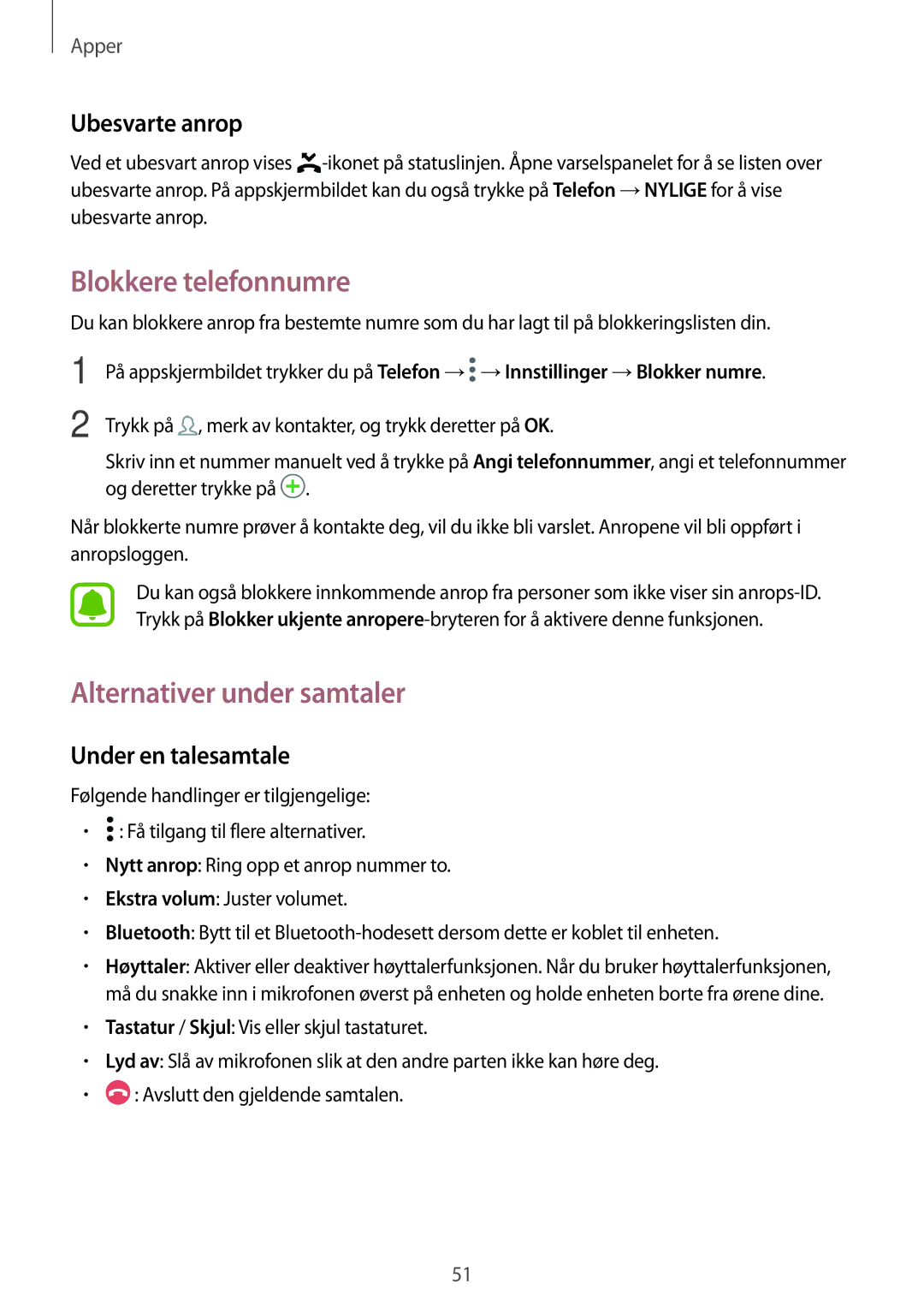 Samsung SM-A310FZKANEE manual Blokkere telefonnumre, Alternativer under samtaler, Ubesvarte anrop, Under en talesamtale 