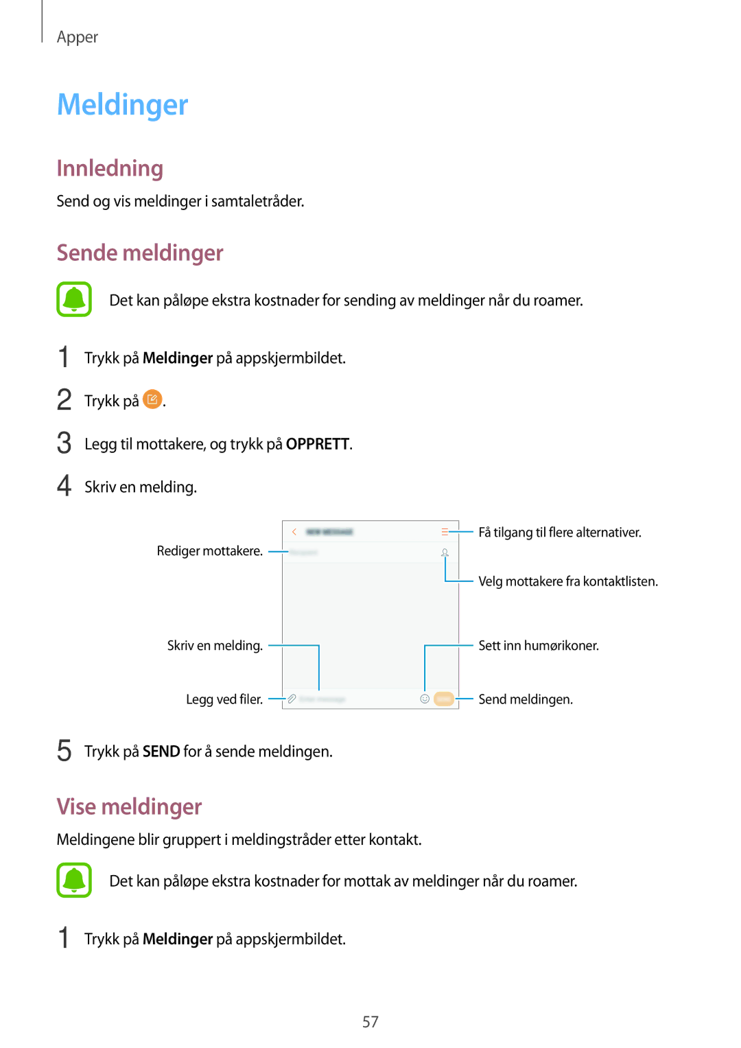 Samsung SM-A310FZKANEE, SM-A310FZWANEE, SM-A310FZDANEE manual Meldinger, Sende meldinger, Vise meldinger 