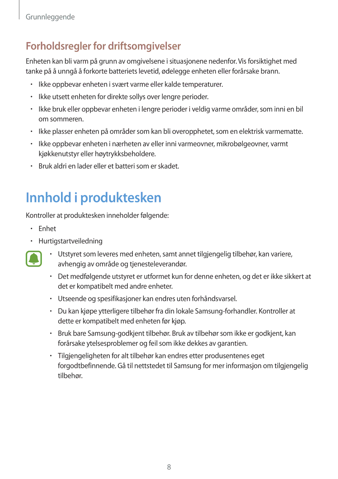 Samsung SM-A310FZDANEE, SM-A310FZKANEE, SM-A310FZWANEE manual Innhold i produktesken, Forholdsregler for driftsomgivelser 