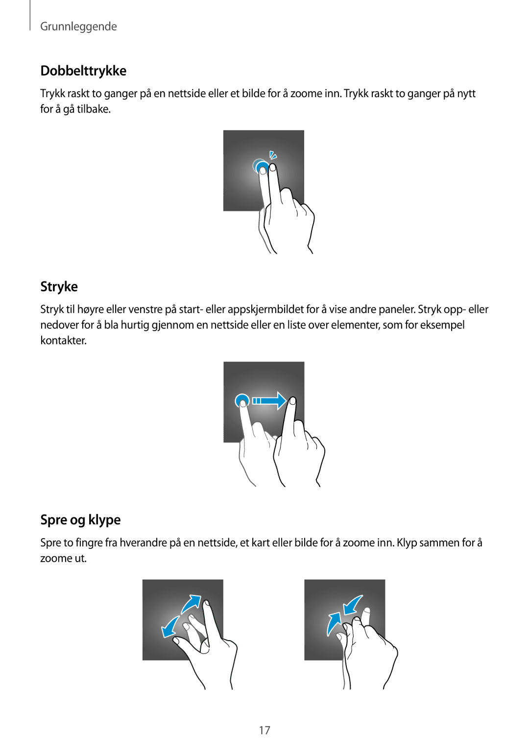 Samsung SM-A310FZDANEE, SM-A310FZKANEE, SM-A310FZWANEE manual Dobbelttrykke, Stryke, Spre og klype 