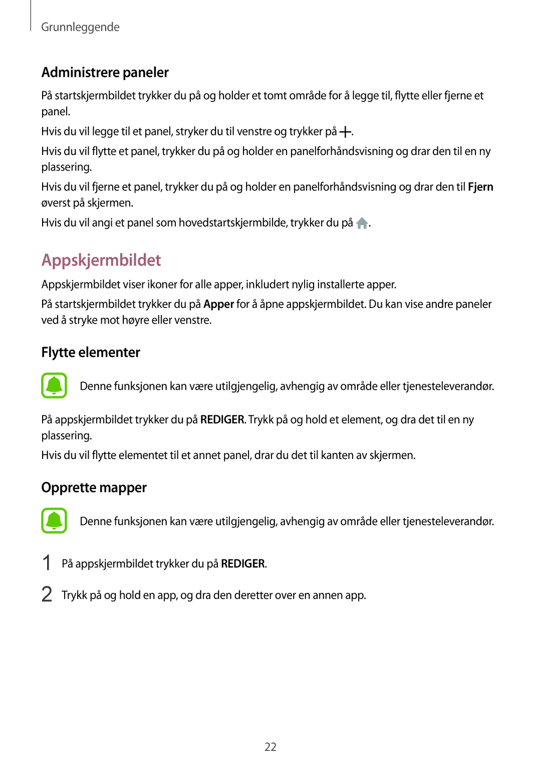 Samsung SM-A310FZWANEE, SM-A310FZKANEE, SM-A310FZDANEE manual Appskjermbildet, Administrere paneler, Flytte elementer 