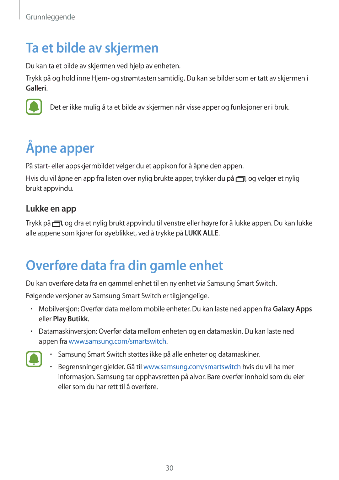 Samsung SM-A310FZKANEE manual Ta et bilde av skjermen, Åpne apper, Overføre data fra din gamle enhet, Lukke en app 