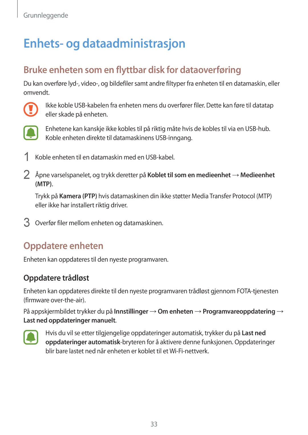 Samsung SM-A310FZKANEE manual Enhets- og dataadministrasjon, Bruke enheten som en flyttbar disk for dataoverføring 