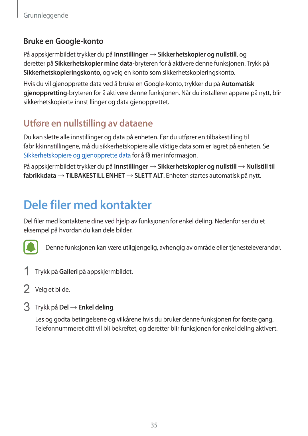 Samsung SM-A310FZDANEE, SM-A310FZKANEE Dele filer med kontakter, Utføre en nullstilling av dataene, Bruke en Google-konto 