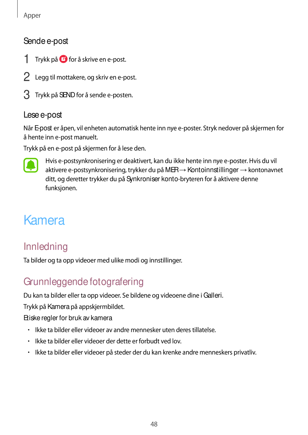 Samsung SM-A310FZKANEE, SM-A310FZWANEE, SM-A310FZDANEE manual Kamera, Grunnleggende fotografering, Sende e-post, Lese e-post 