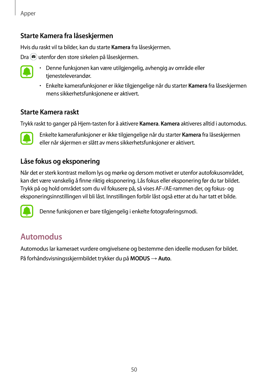 Samsung SM-A310FZDANEE manual Automodus, Starte Kamera fra låseskjermen, Starte Kamera raskt, Låse fokus og eksponering 