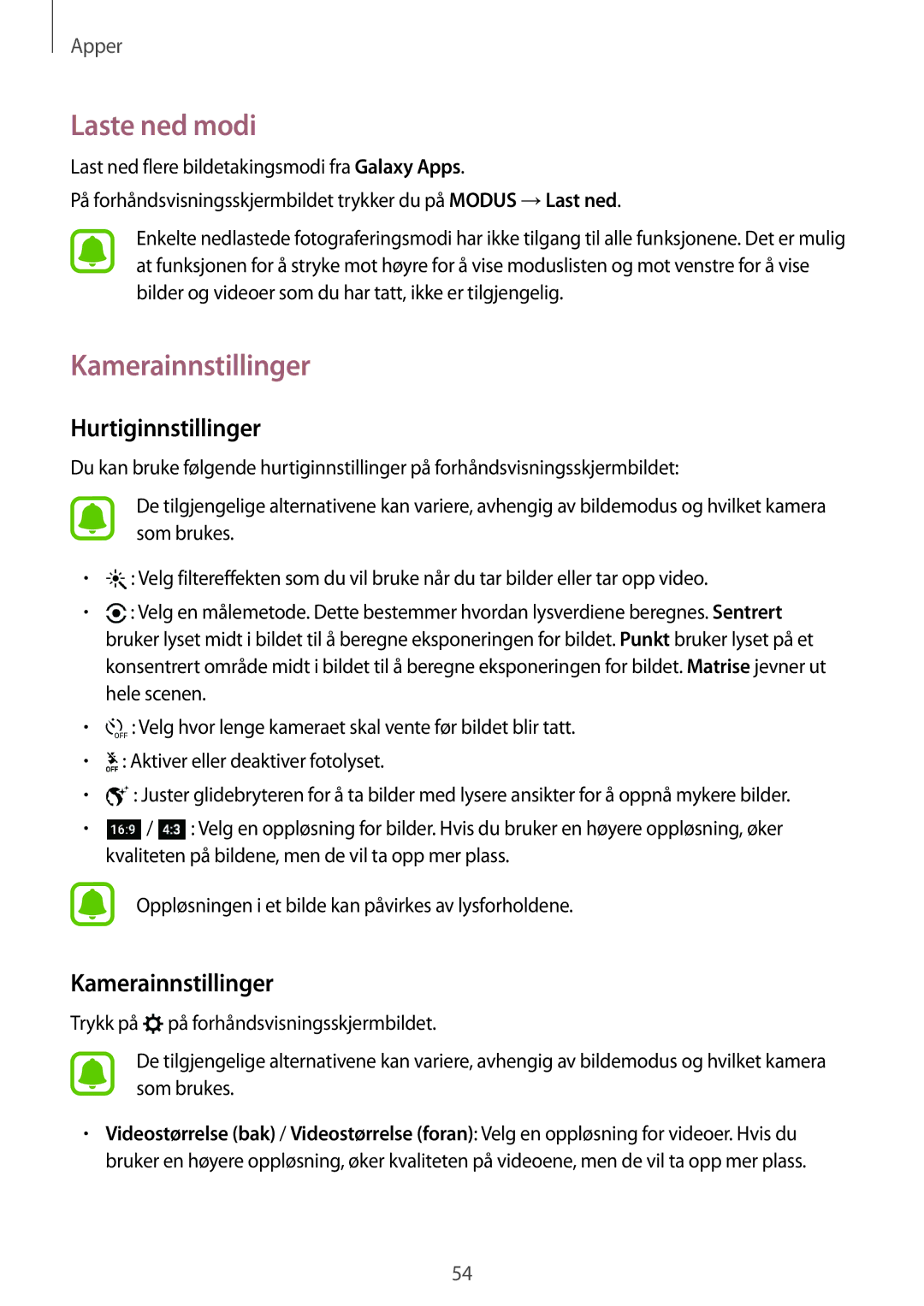 Samsung SM-A310FZKANEE, SM-A310FZWANEE, SM-A310FZDANEE manual Laste ned modi, Kamerainnstillinger, Hurtiginnstillinger 