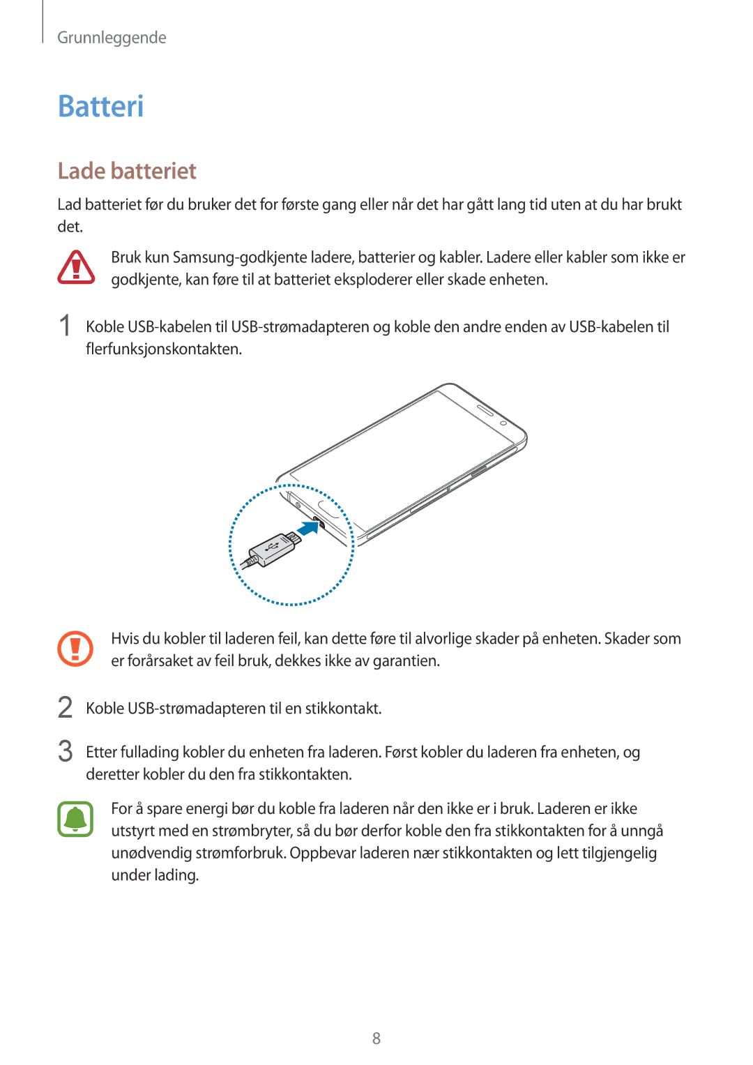 Samsung SM-A310FZDANEE, SM-A310FZKANEE, SM-A310FZWANEE manual Batteri, Lade batteriet 