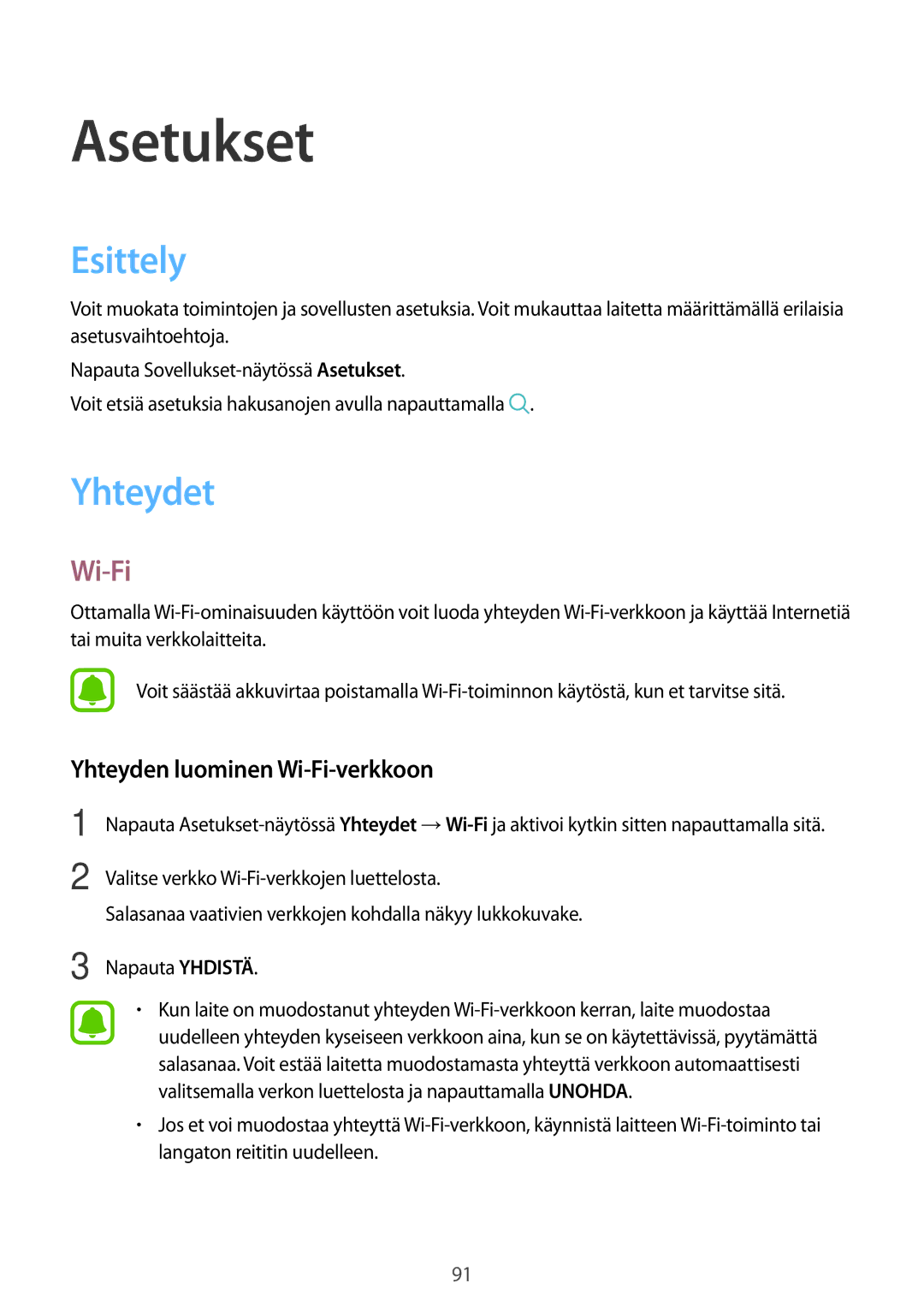 Samsung SM-A310FZWANEE, SM-A310FZKANEE, SM-A310FZDANEE manual Esittely, Yhteydet, Yhteyden luominen Wi-Fi-verkkoon 
