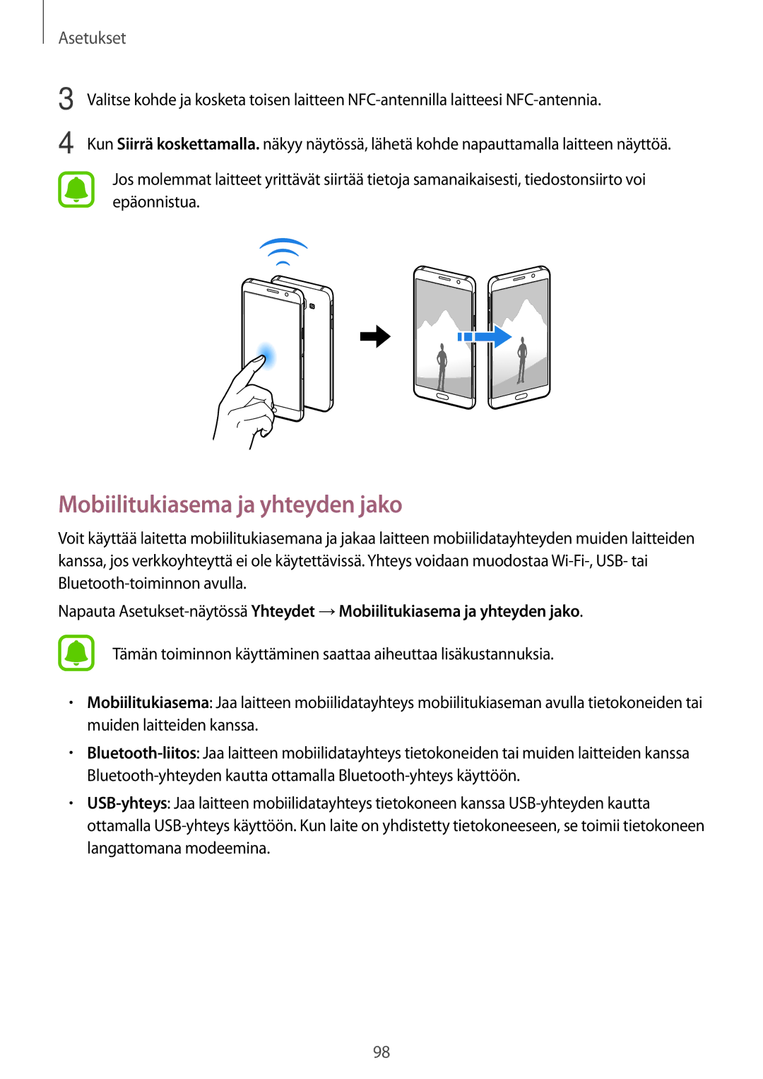 Samsung SM-A310FZDANEE, SM-A310FZKANEE, SM-A310FZWANEE manual Mobiilitukiasema ja yhteyden jako 