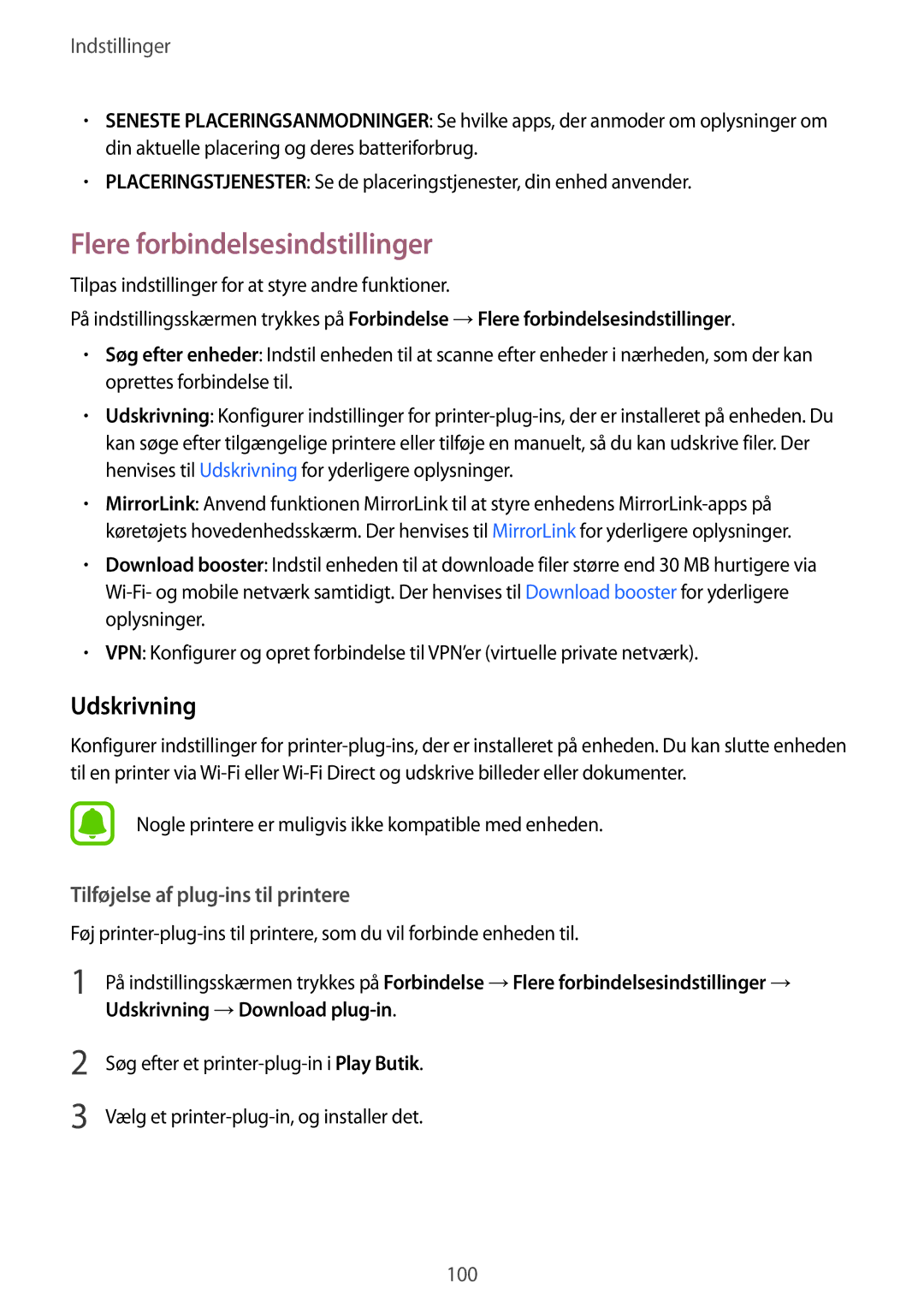 Samsung SM-A310FZWANEE Flere forbindelsesindstillinger, Udskrivning, Tilpas indstillinger for at styre andre funktioner 