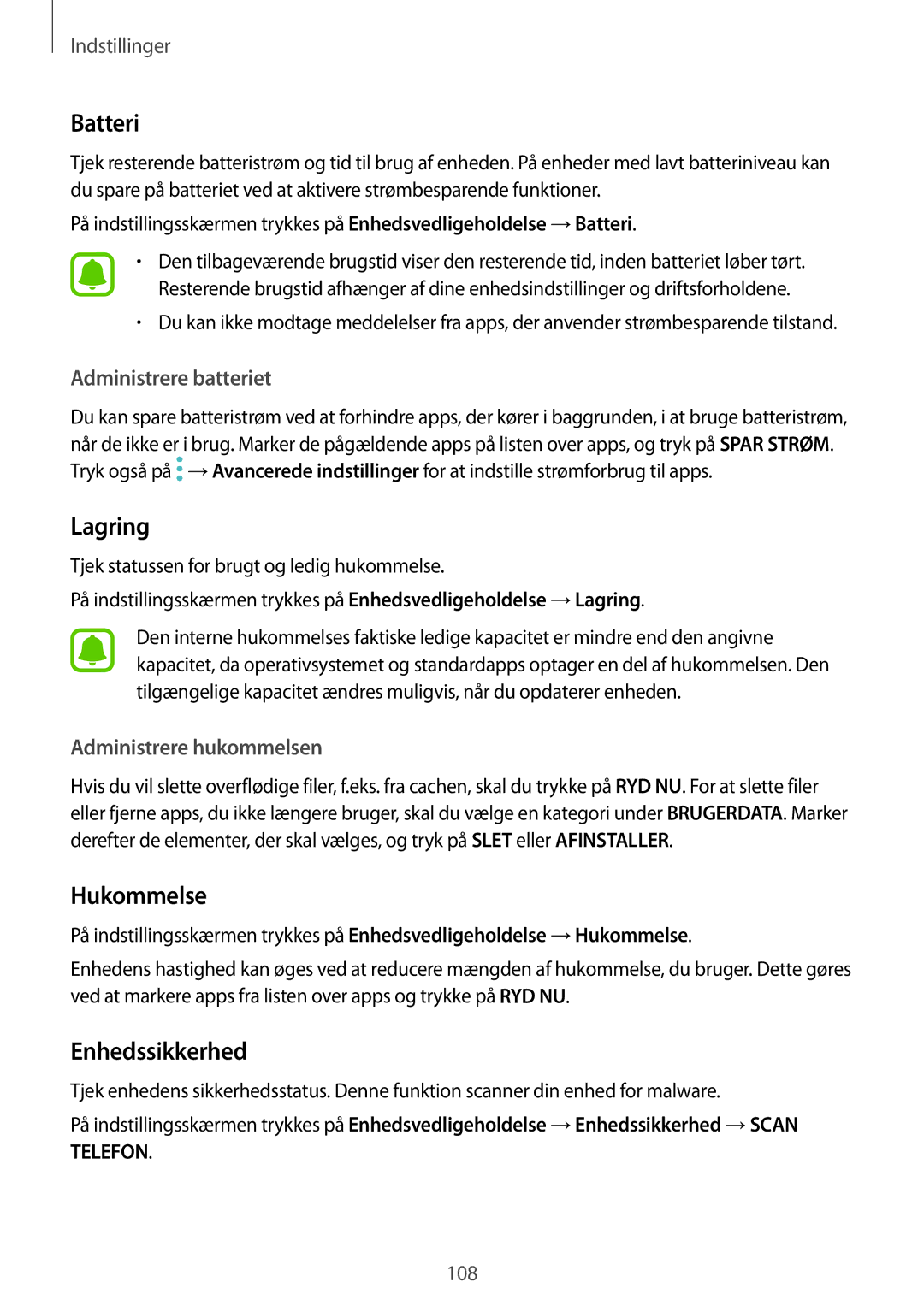 Samsung SM-A310FZKANEE, SM-A310FZWANEE, SM-A310FZDANEE manual Batteri, Lagring, Hukommelse, Enhedssikkerhed 