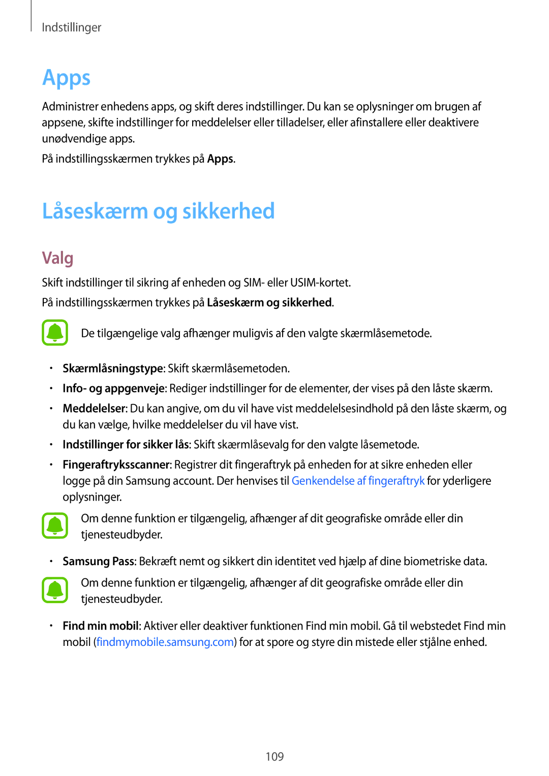 Samsung SM-A310FZWANEE, SM-A310FZKANEE, SM-A310FZDANEE manual Apps, Låseskærm og sikkerhed 