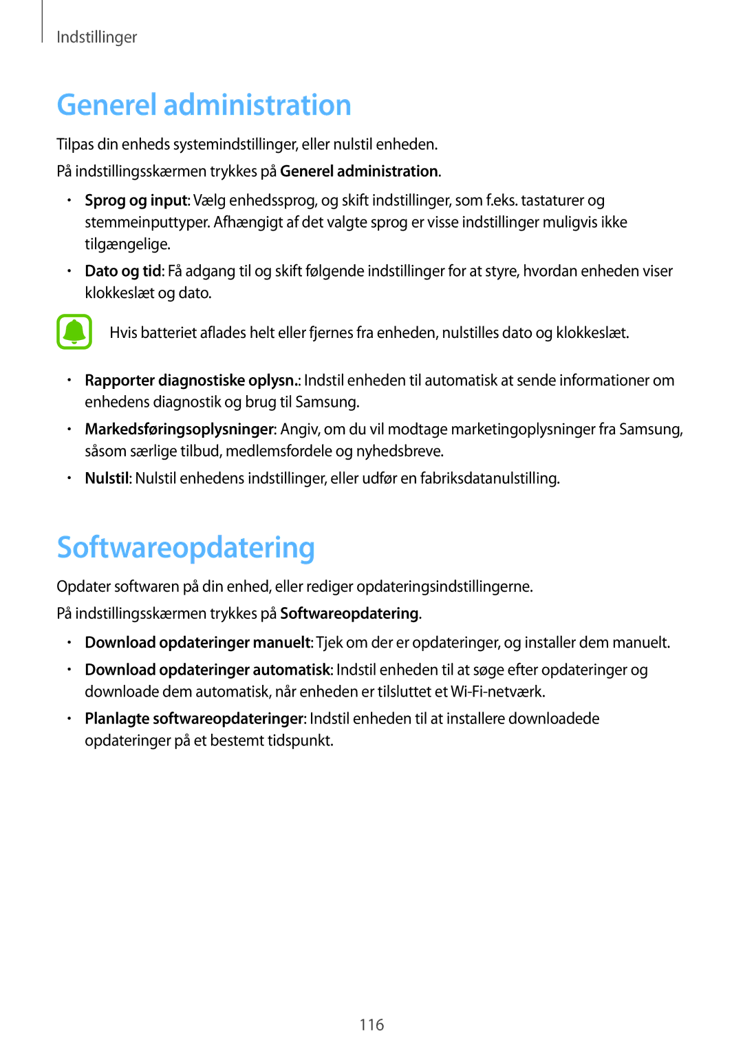 Samsung SM-A310FZDANEE, SM-A310FZKANEE, SM-A310FZWANEE manual Generel administration, Softwareopdatering 