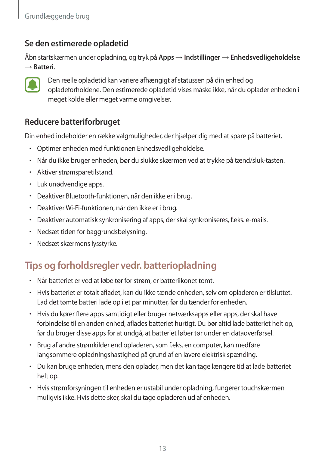 Samsung SM-A310FZWANEE manual Tips og forholdsregler vedr. batteriopladning, Se den estimerede opladetid, → Batteri 