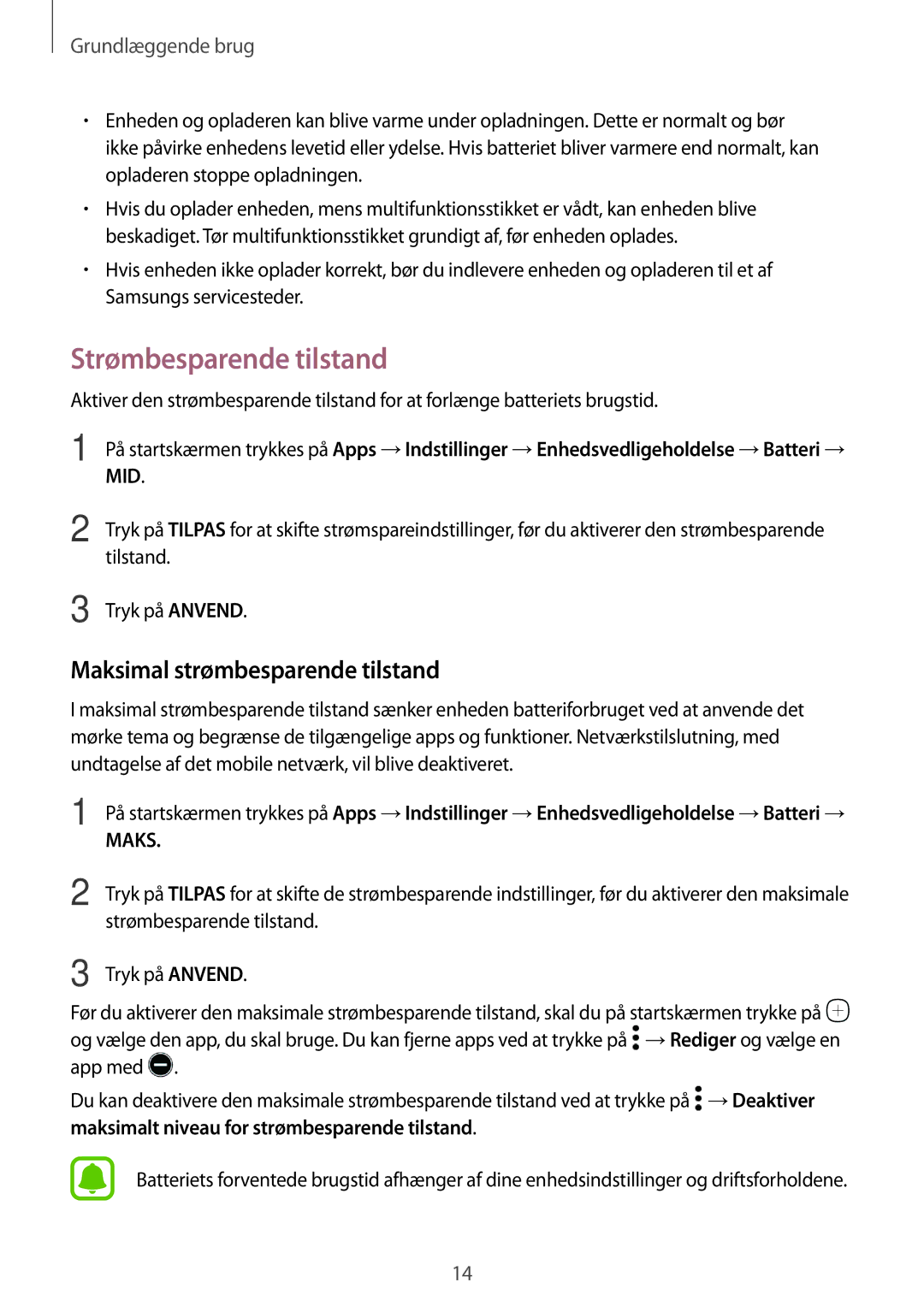 Samsung SM-A310FZDANEE manual Strømbesparende tilstand, Maksimal strømbesparende tilstand, Tilstand, Tryk på Anvend 