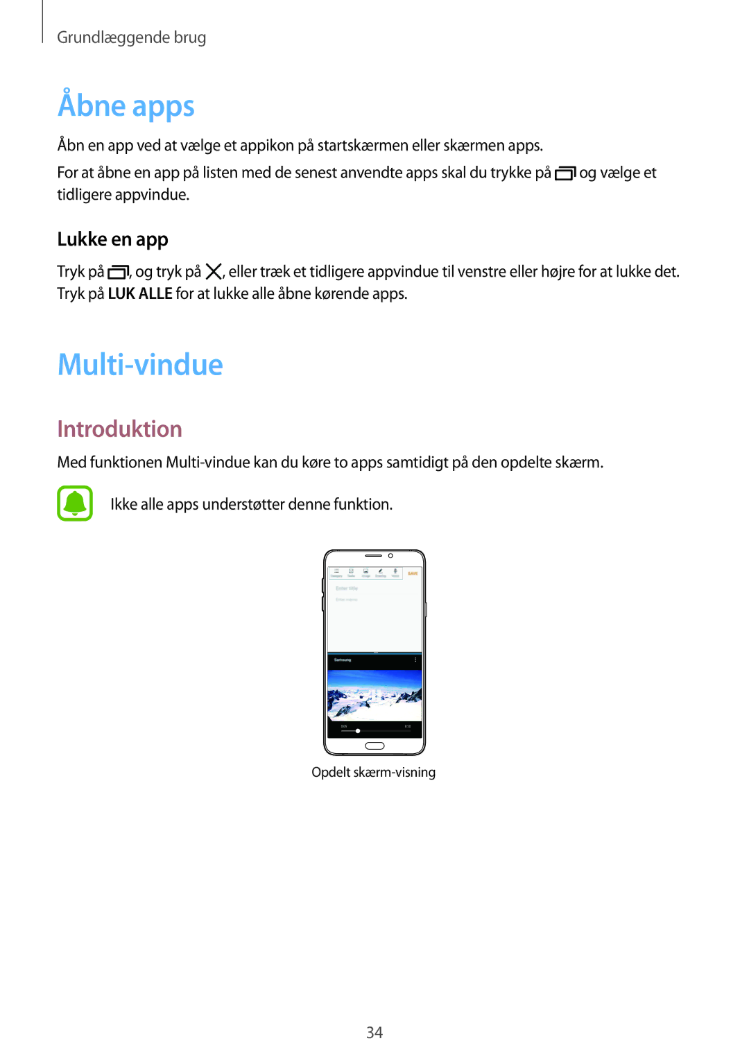 Samsung SM-A310FZWANEE, SM-A310FZKANEE, SM-A310FZDANEE manual Åbne apps, Multi-vindue, Introduktion, Lukke en app 
