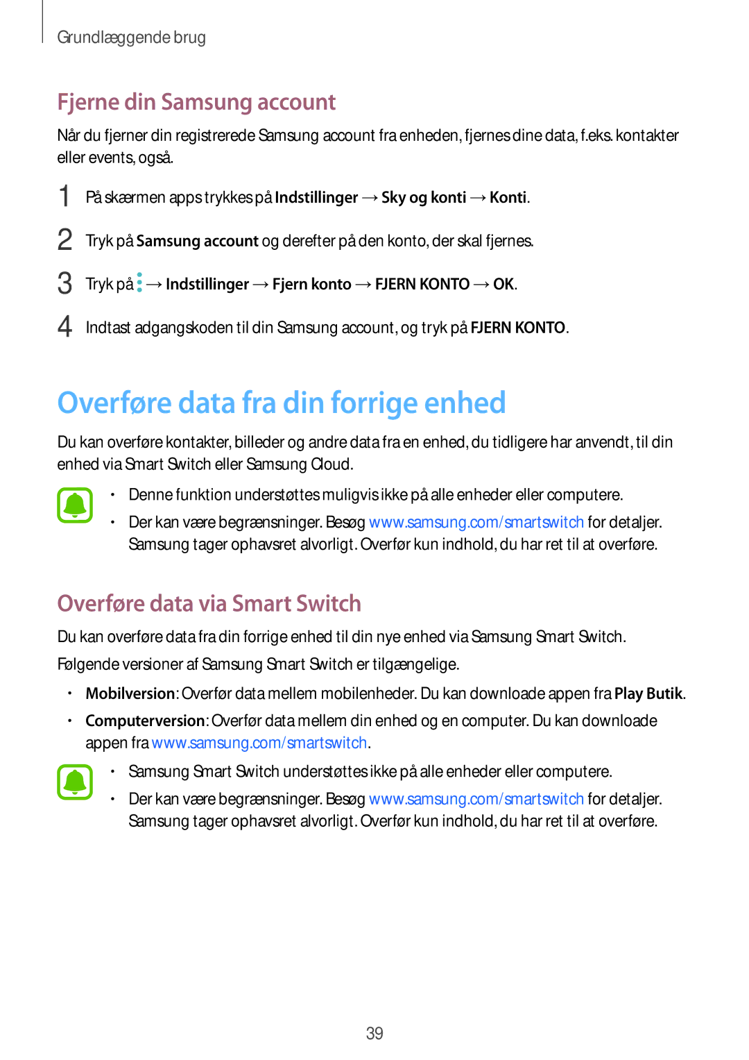 Samsung SM-A310FZKANEE Overføre data fra din forrige enhed, Fjerne din Samsung account, Overføre data via Smart Switch 