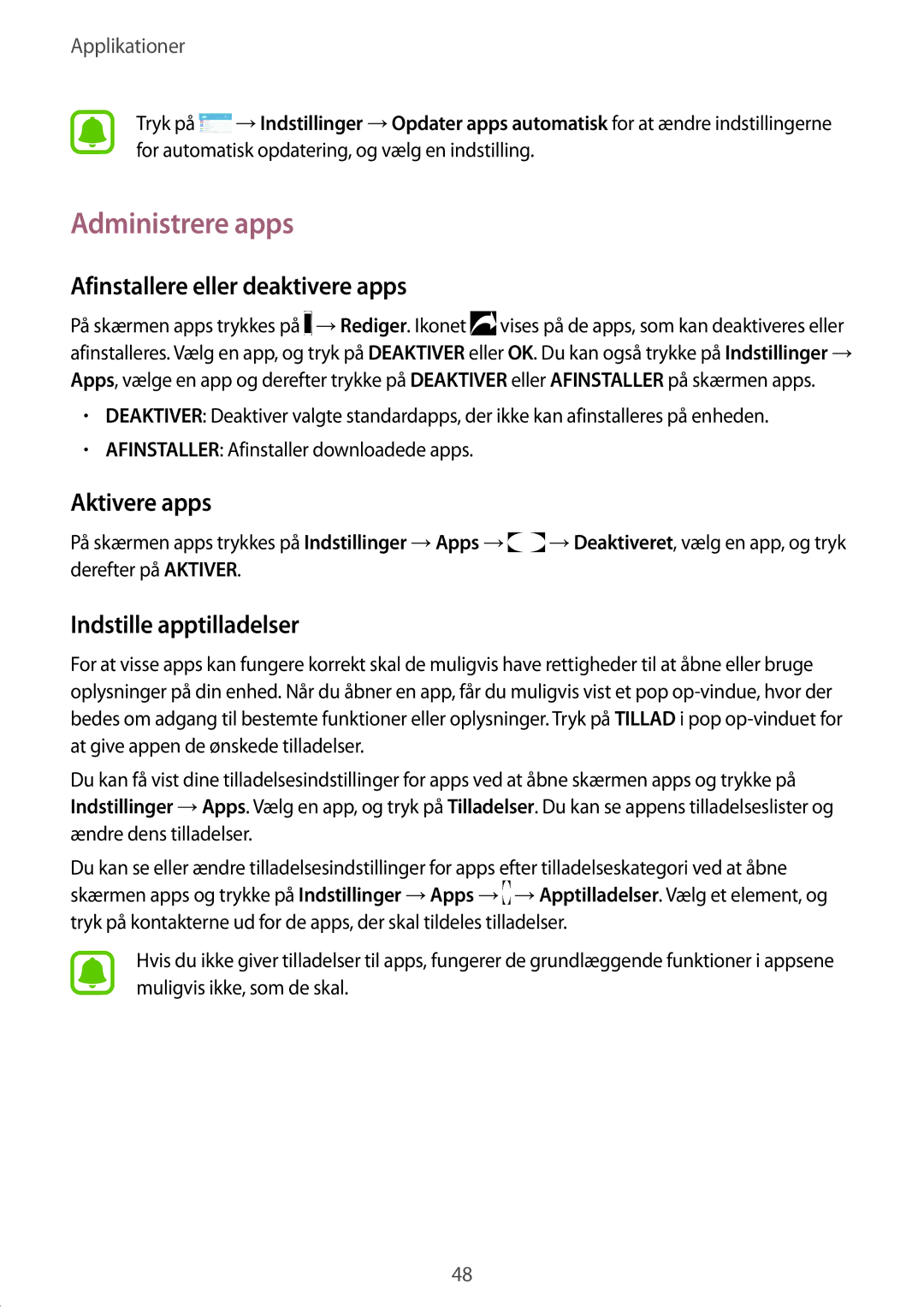 Samsung SM-A310FZKANEE Administrere apps, Afinstallere eller deaktivere apps, Aktivere apps, Indstille apptilladelser 