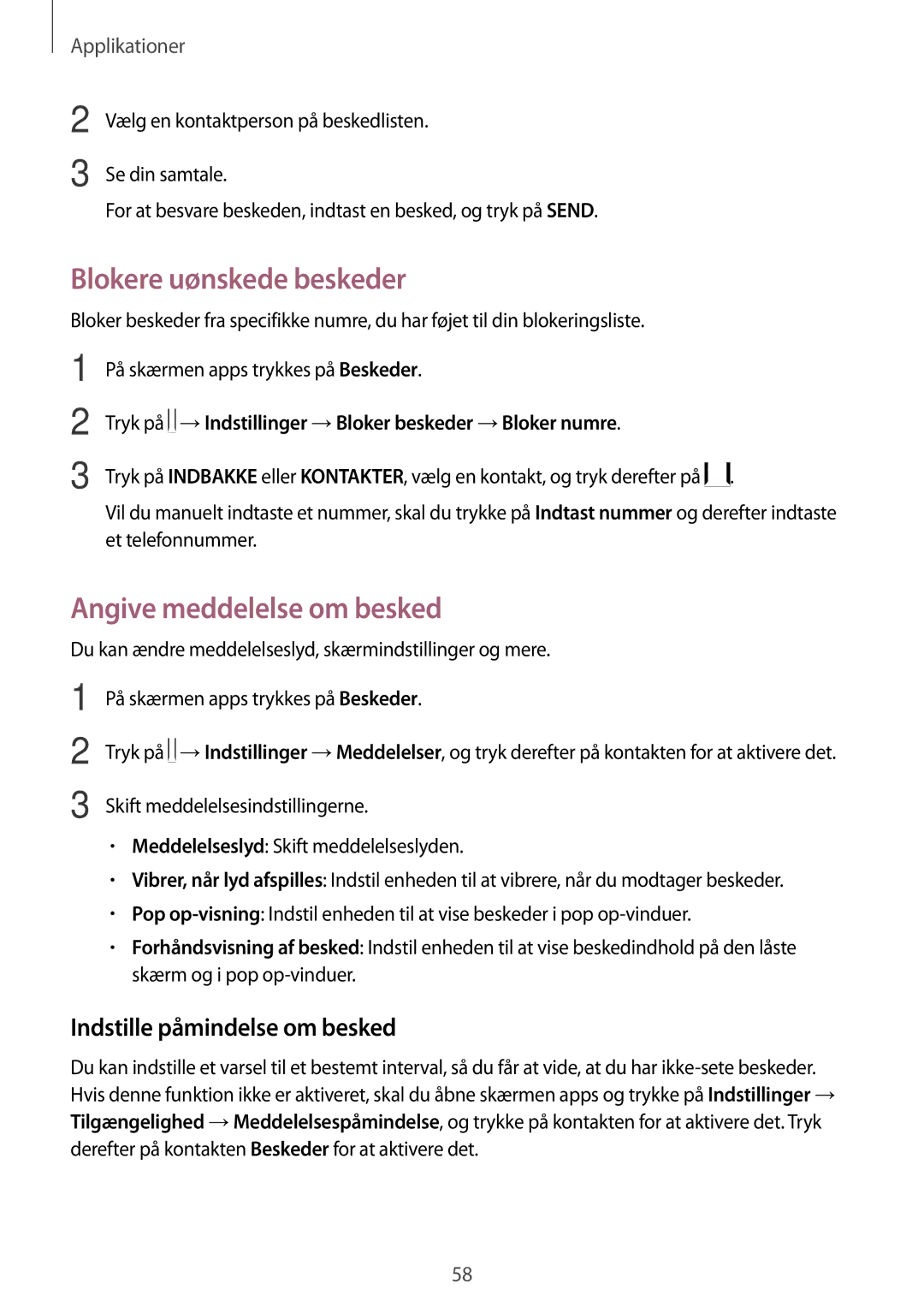 Samsung SM-A310FZWANEE manual Blokere uønskede beskeder, Angive meddelelse om besked, Indstille påmindelse om besked 