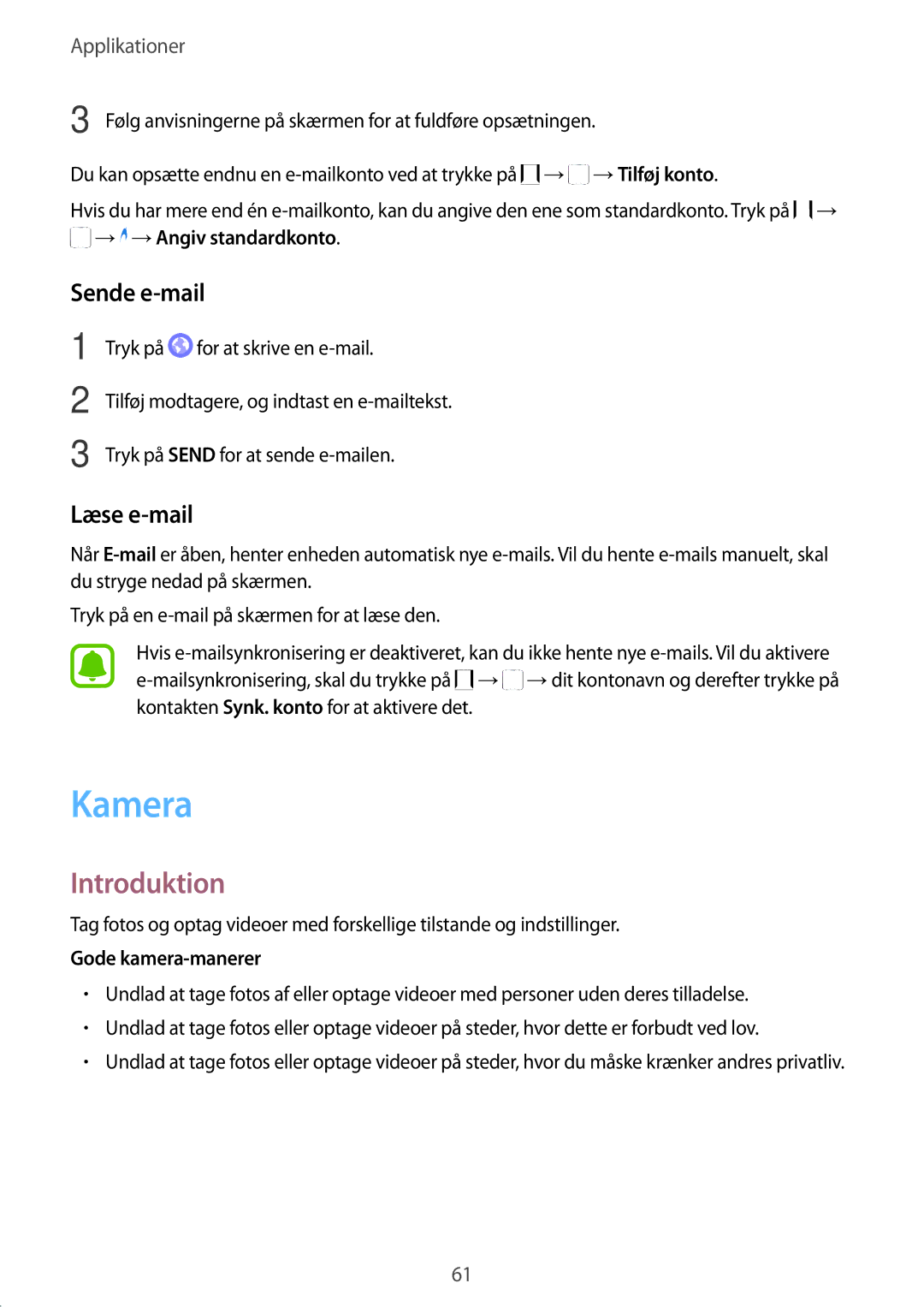 Samsung SM-A310FZWANEE, SM-A310FZKANEE manual Kamera, Sende e-mail, Læse e-mail, → →Angiv standardkonto, Gode kamera-manerer 