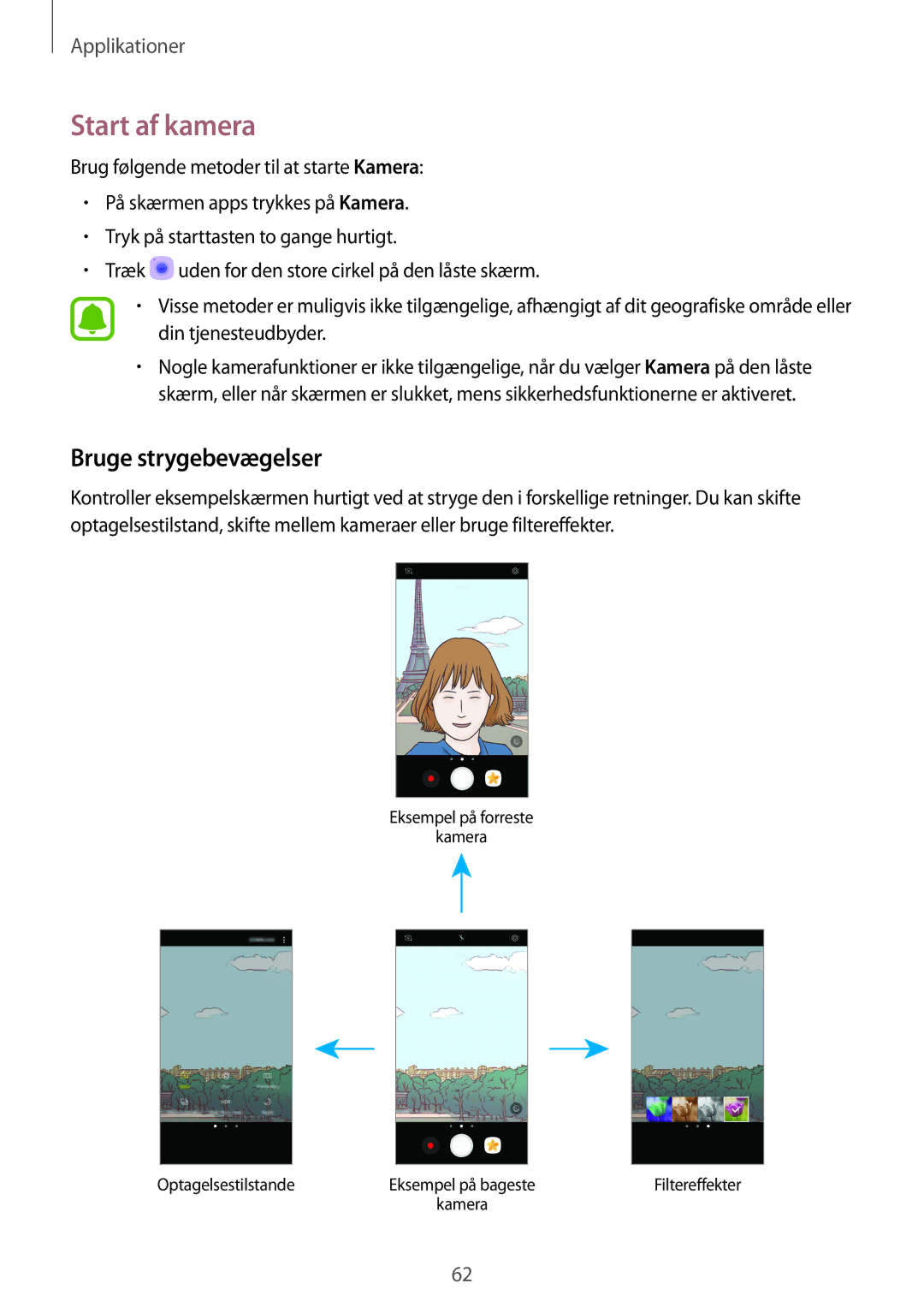 Samsung SM-A310FZDANEE, SM-A310FZKANEE, SM-A310FZWANEE manual Start af kamera, Bruge strygebevægelser 