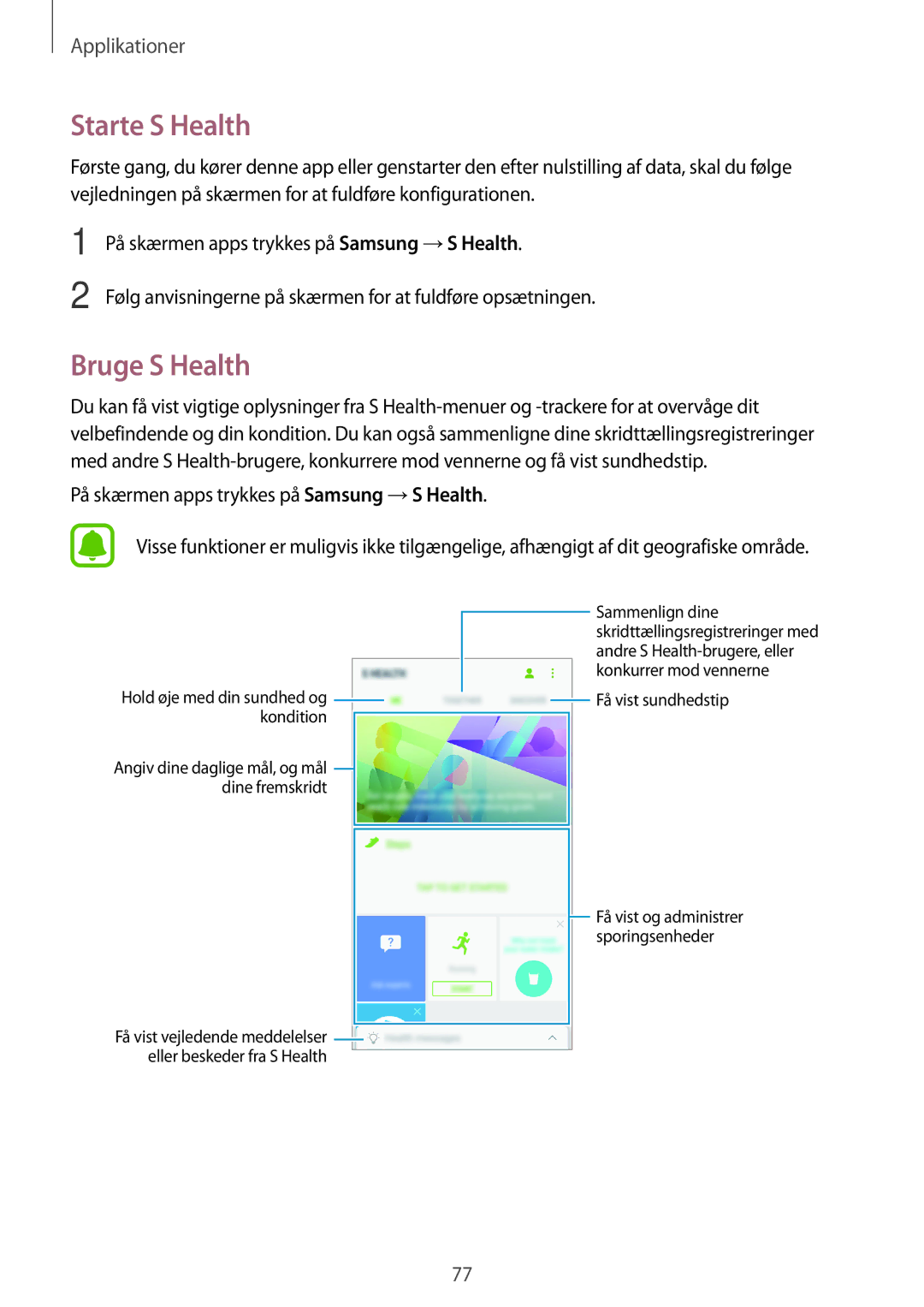 Samsung SM-A310FZDANEE, SM-A310FZKANEE, SM-A310FZWANEE manual Starte S Health, Bruge S Health 