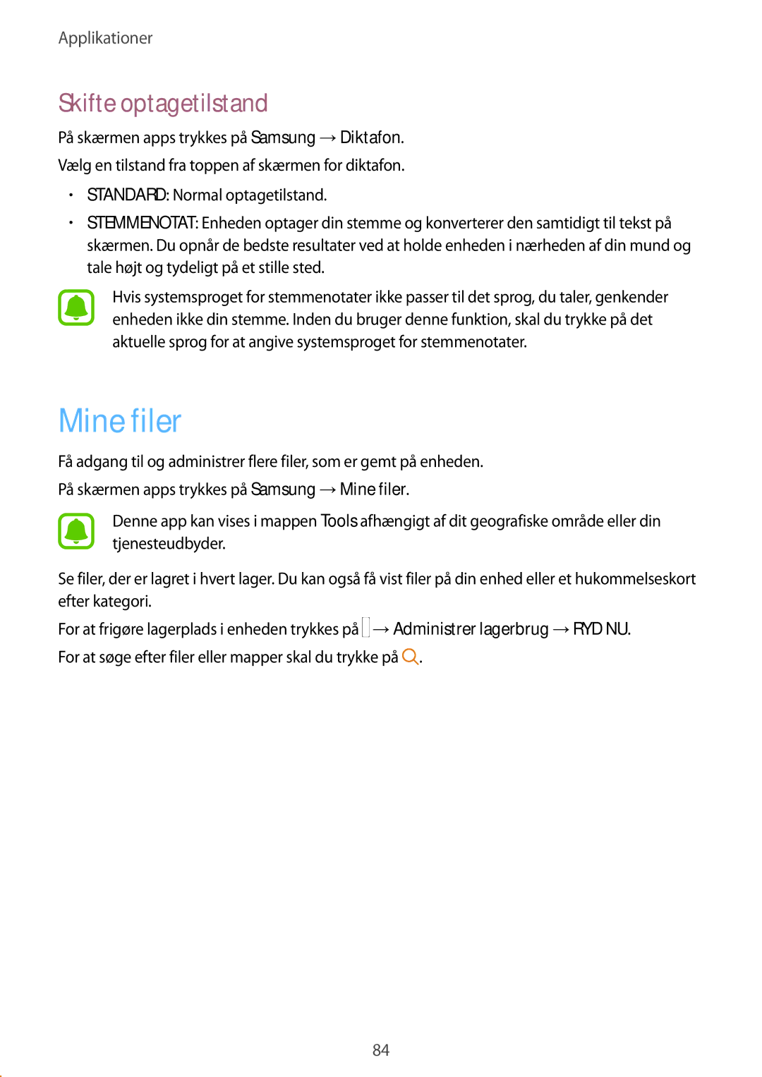 Samsung SM-A310FZKANEE, SM-A310FZWANEE, SM-A310FZDANEE manual Mine filer, Skifte optagetilstand 