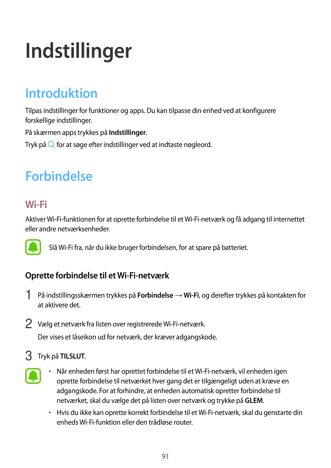 Samsung SM-A310FZWANEE, SM-A310FZKANEE manual Introduktion, Forbindelse, Oprette forbindelse til et Wi-Fi-netværk 