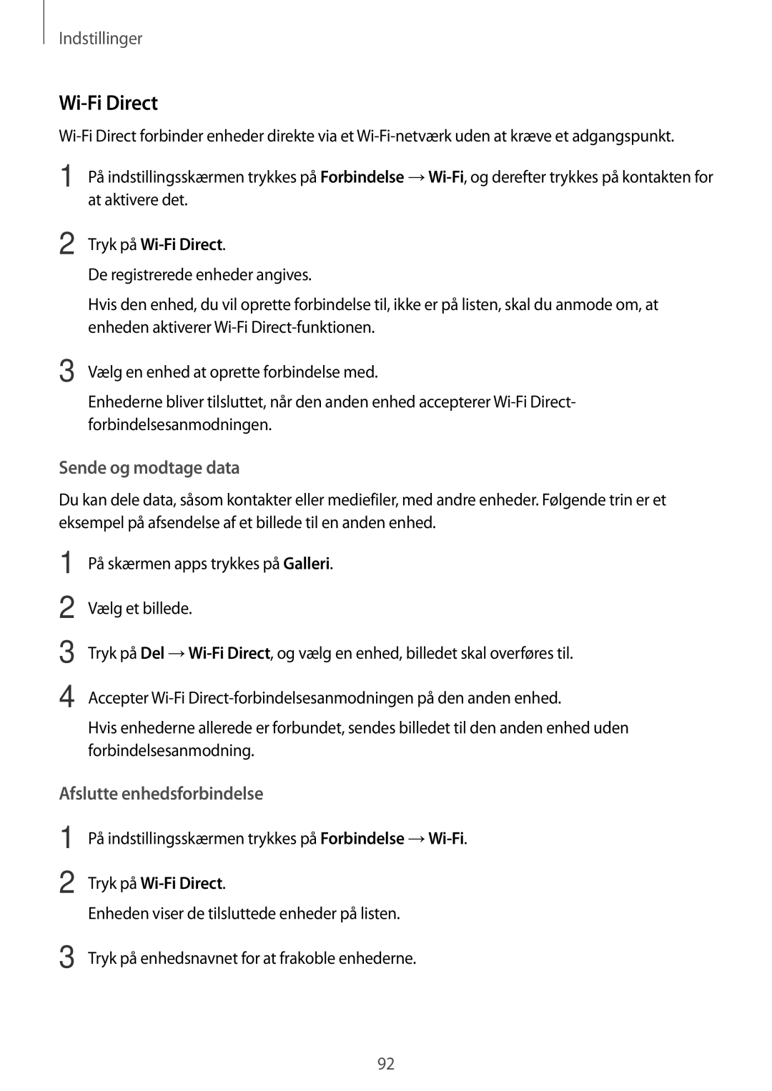 Samsung SM-A310FZDANEE, SM-A310FZKANEE manual Tryk på Wi-Fi Direct, På indstillingsskærmen trykkes på Forbindelse →Wi-Fi 