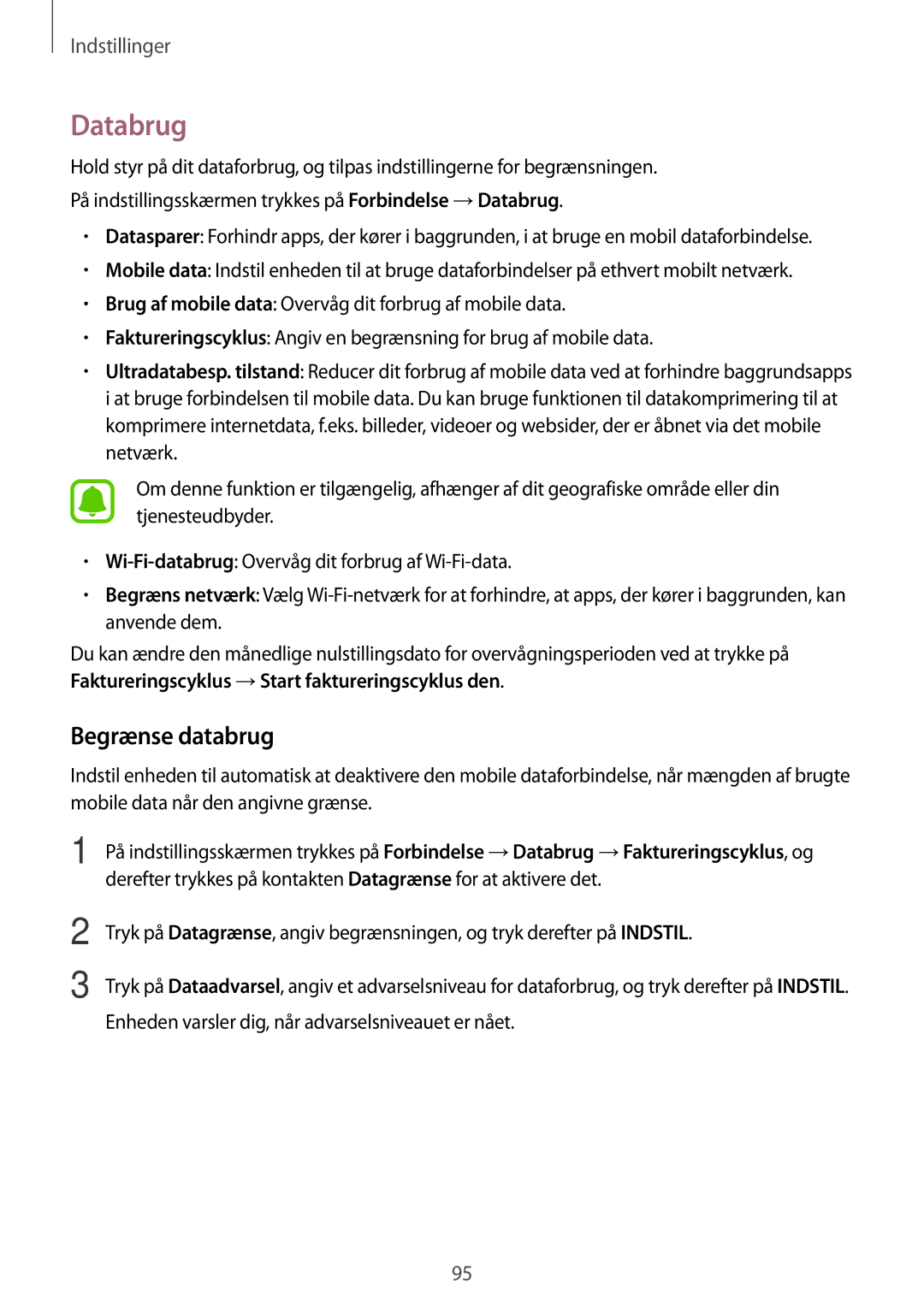 Samsung SM-A310FZDANEE, SM-A310FZKANEE, SM-A310FZWANEE manual Databrug, Begrænse databrug 