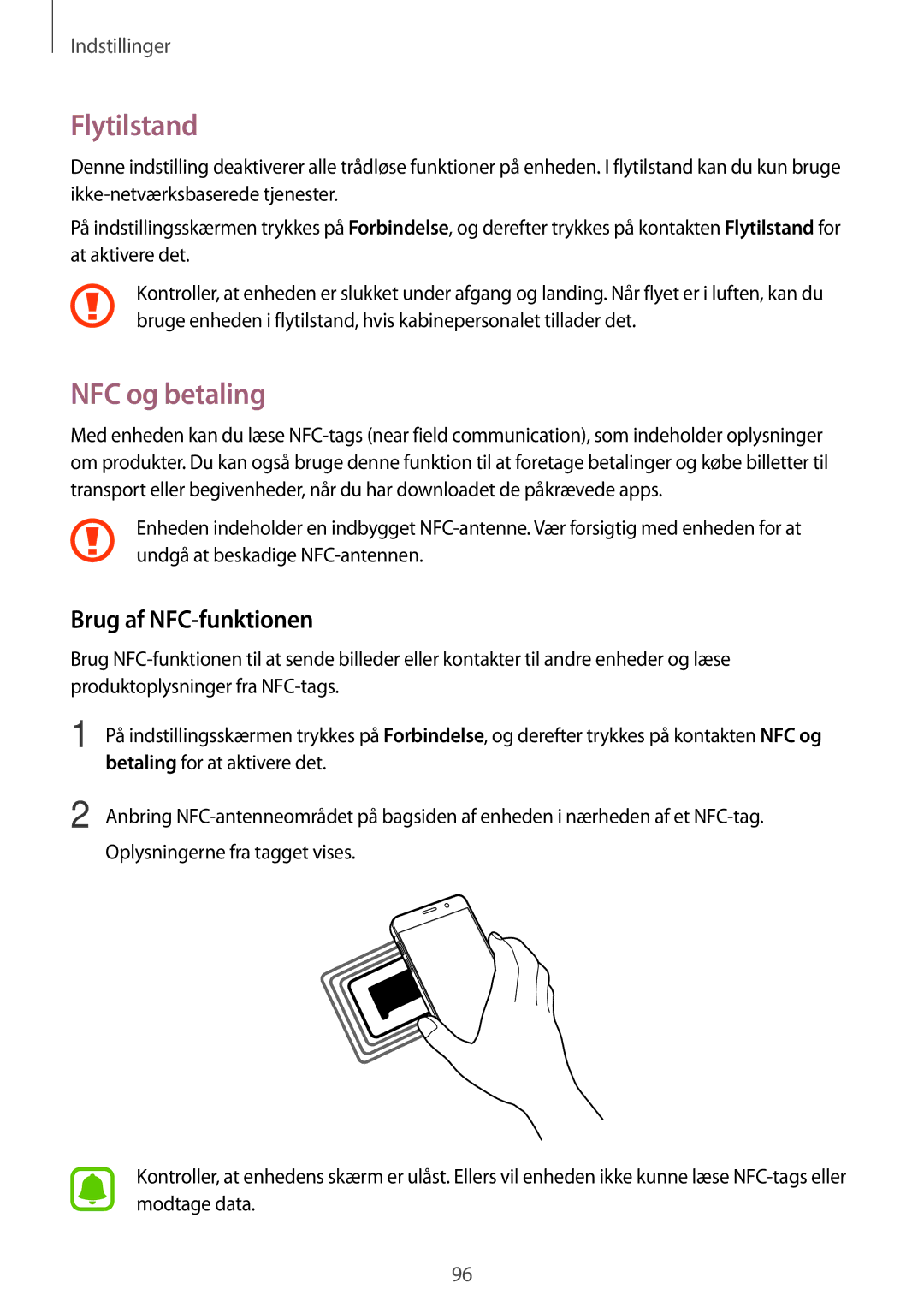 Samsung SM-A310FZKANEE, SM-A310FZWANEE, SM-A310FZDANEE manual Flytilstand, NFC og betaling, Brug af NFC-funktionen 