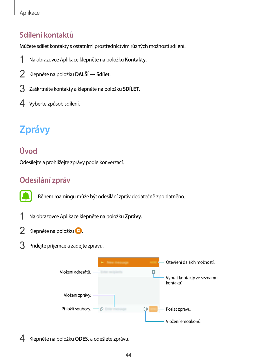 Samsung SM-A310FZKAO2C manual Zprávy, Sdílení kontaktů, Odesílání zpráv 