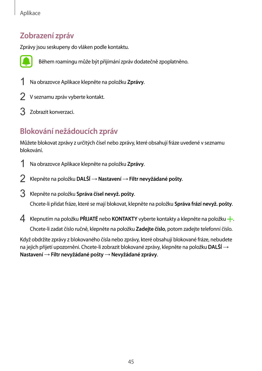 Samsung SM-A310FZKAO2C manual Zobrazení zpráv, Blokování nežádoucích zpráv 