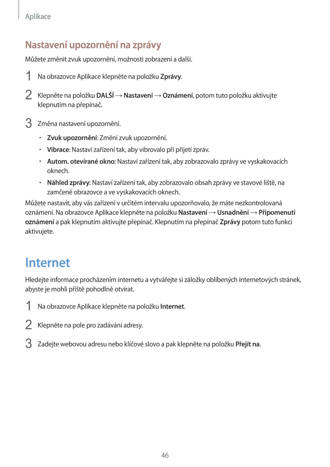 Samsung SM-A310FZKAO2C manual Internet, Nastavení upozornění na zprávy 