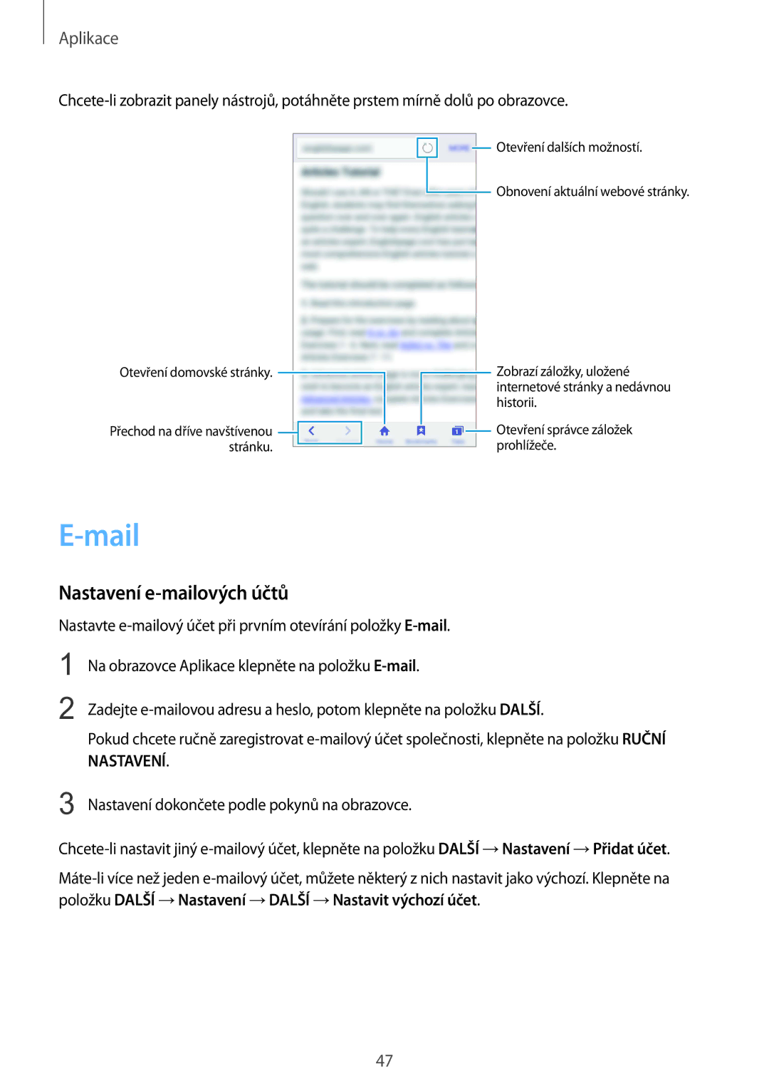 Samsung SM-A310FZKAO2C manual Mail, Nastavení e-mailových účtů 