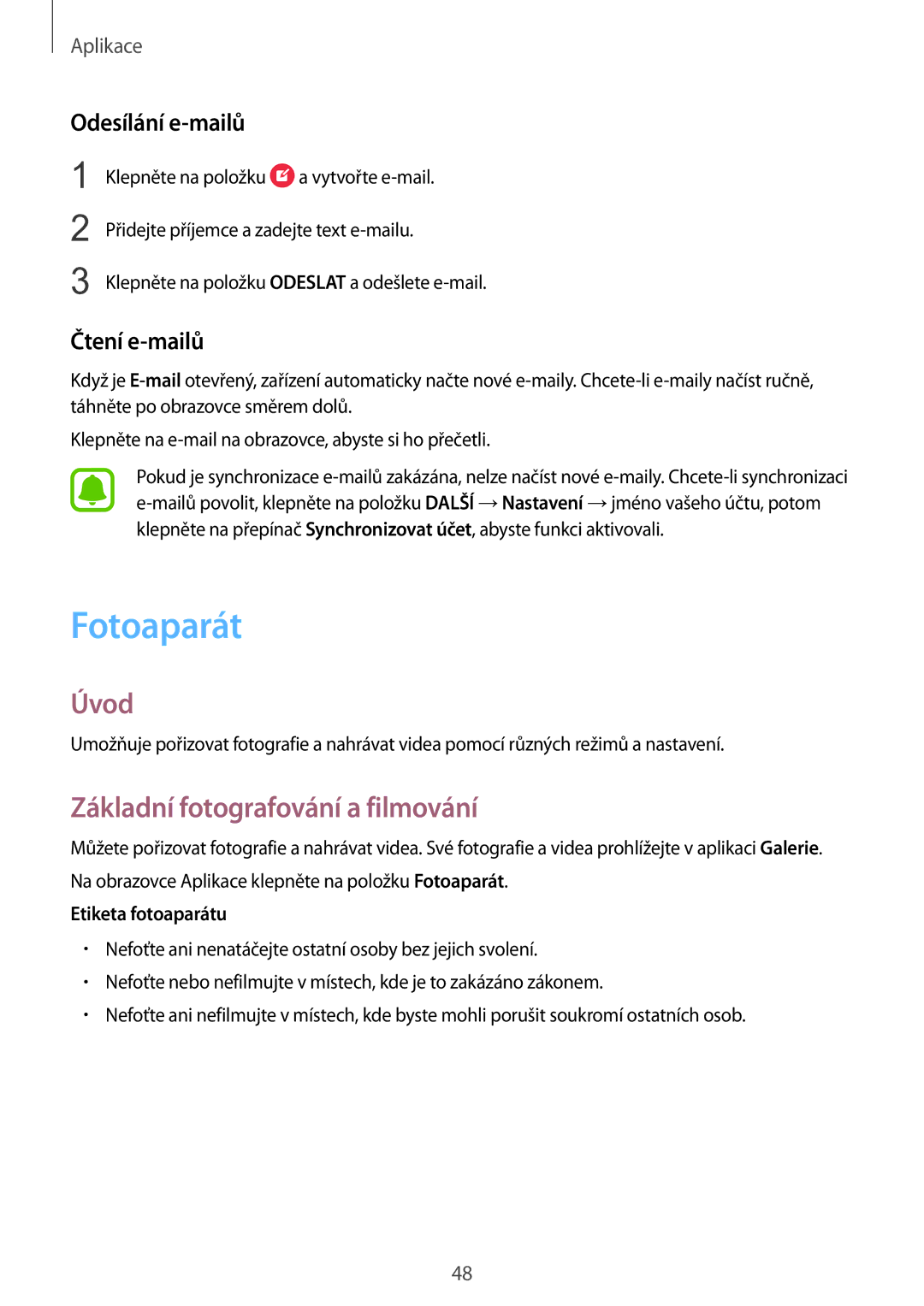 Samsung SM-A310FZKAO2C manual Fotoaparát, Základní fotografování a filmování, Odesílání e-mailů, Čtení e-mailů 