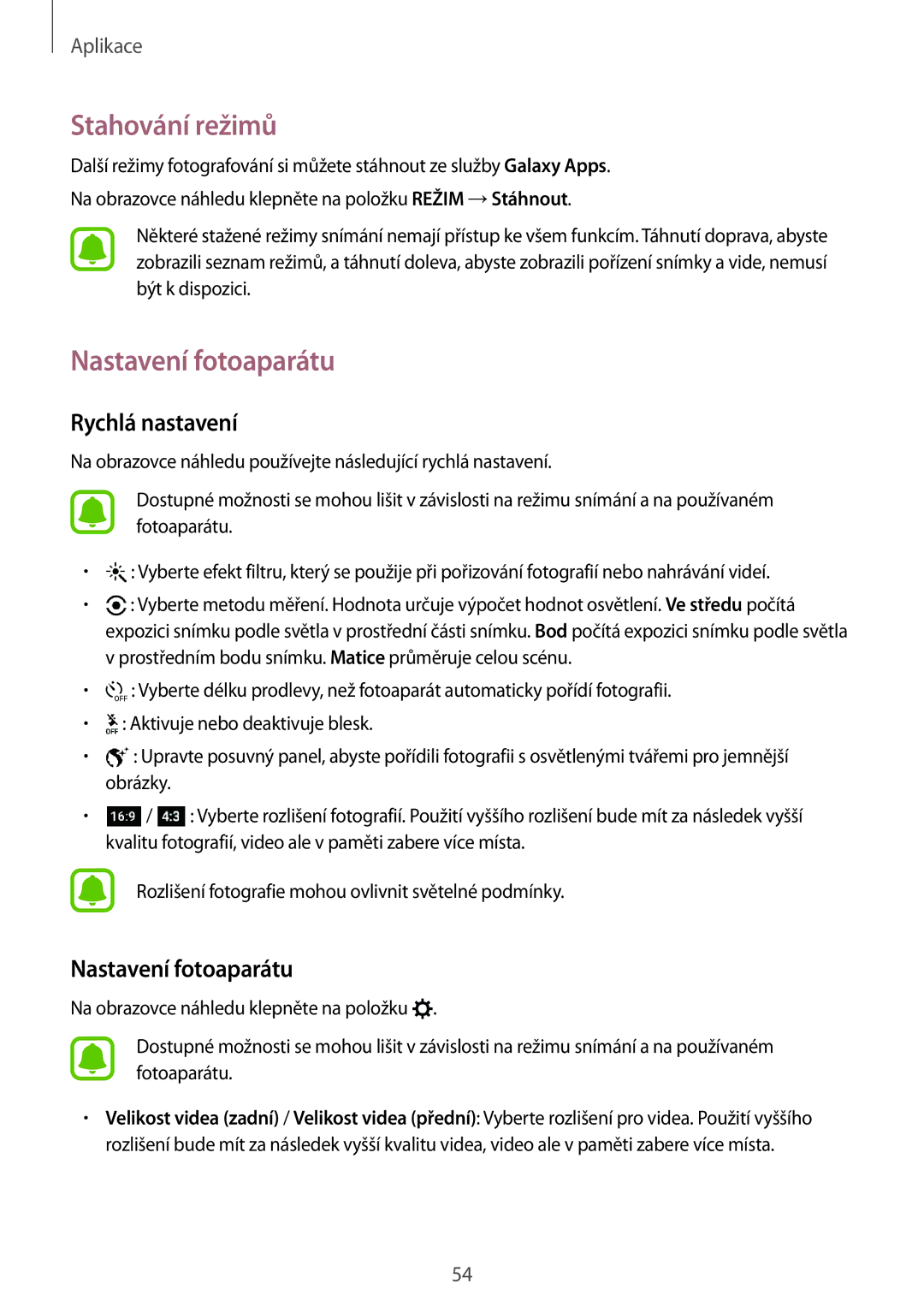 Samsung SM-A310FZKAO2C manual Stahování režimů, Nastavení fotoaparátu, Rychlá nastavení 