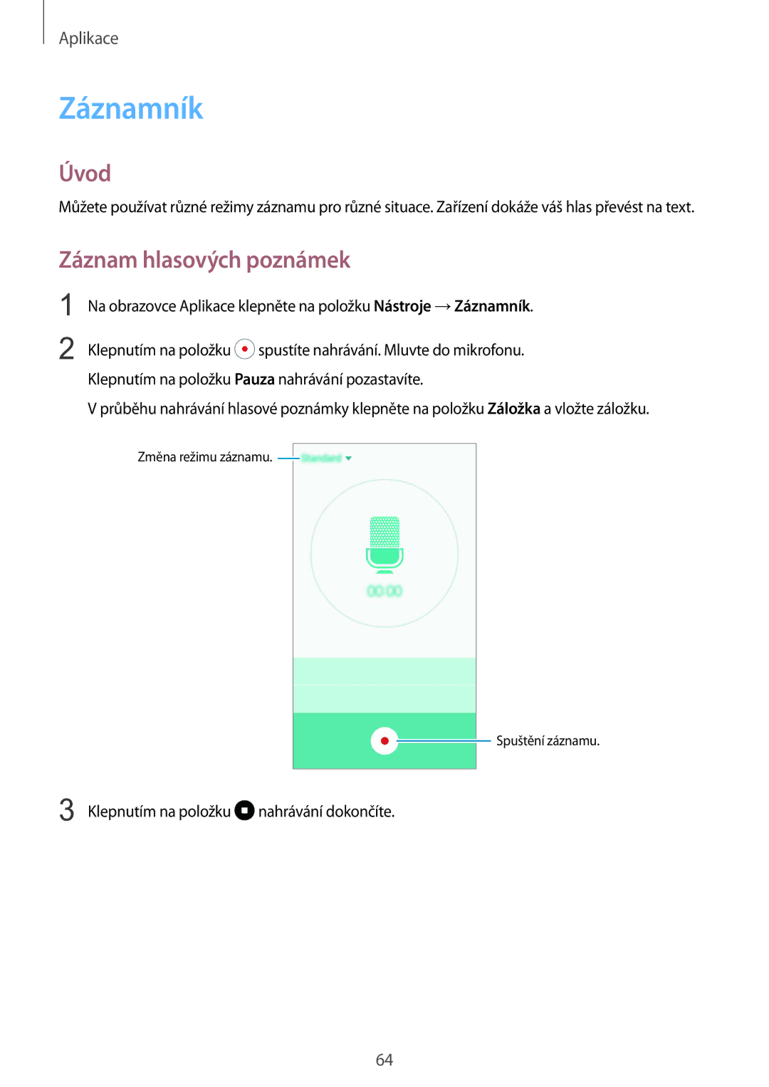 Samsung SM-A310FZKAO2C manual Záznamník, Záznam hlasových poznámek 