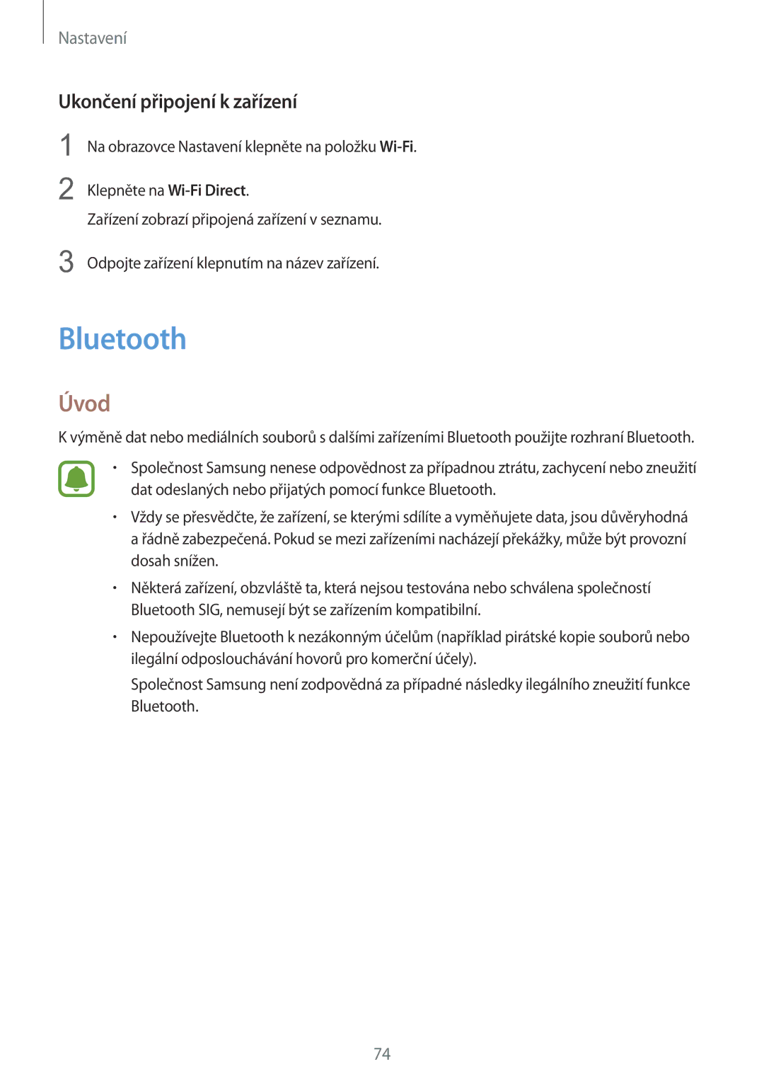 Samsung SM-A310FZKAO2C manual Bluetooth, Ukončení připojení k zařízení 