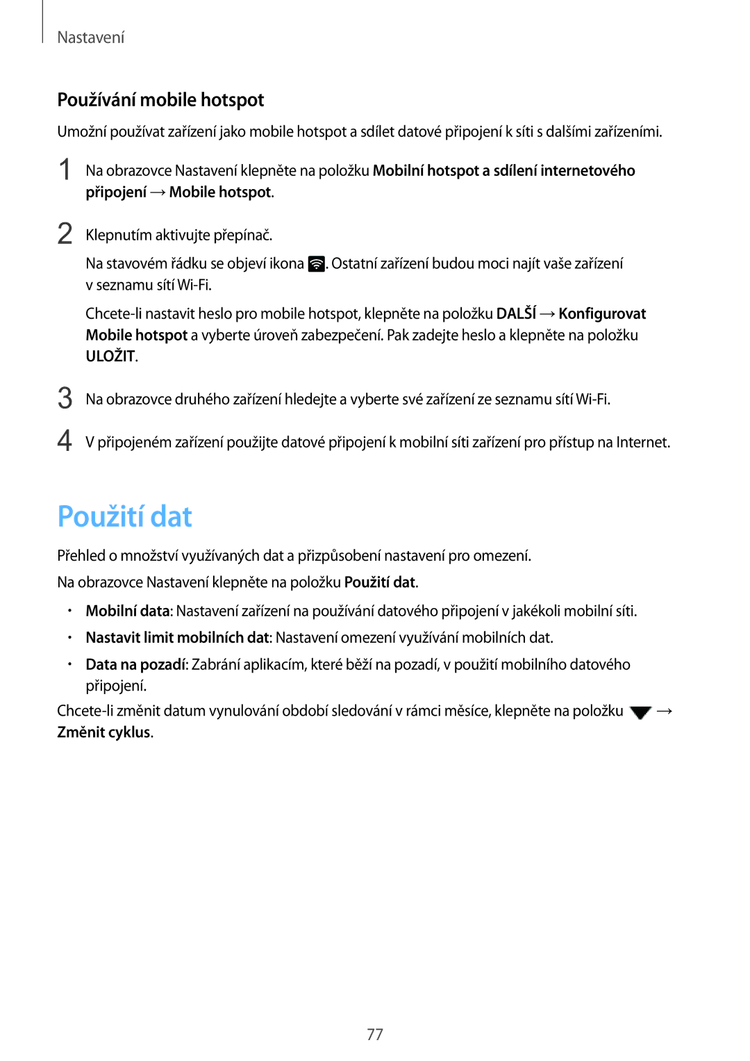 Samsung SM-A310FZKAO2C manual Použití dat, Používání mobile hotspot 