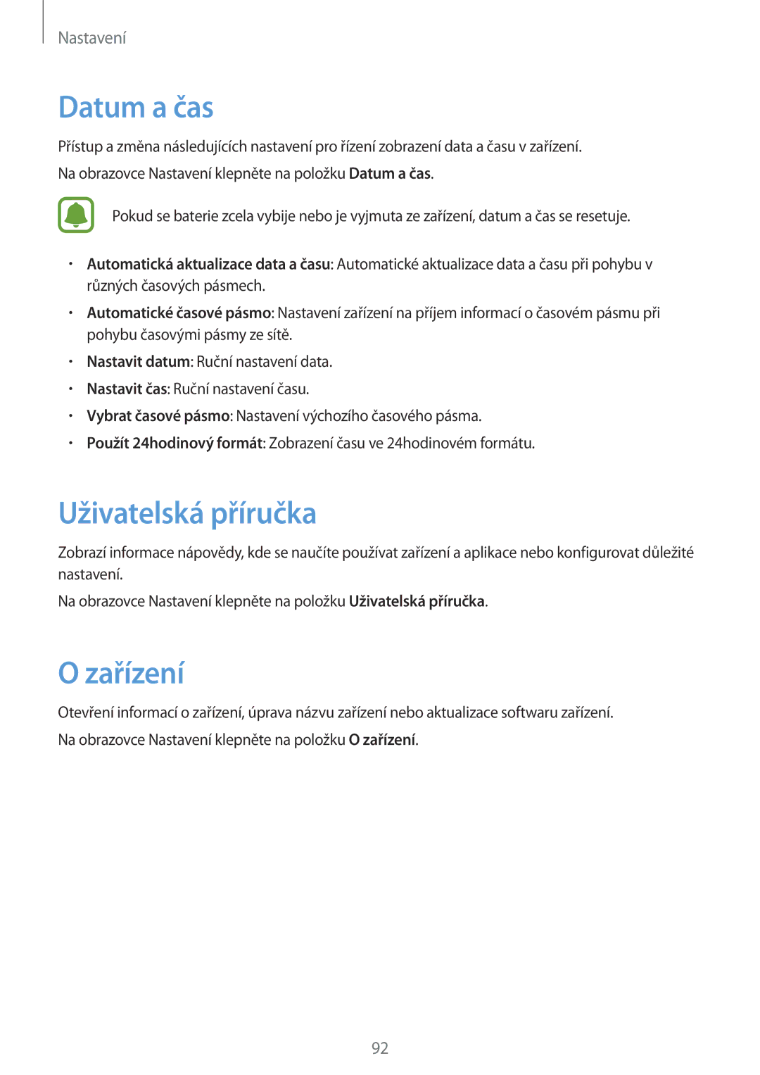 Samsung SM-A310FZKAO2C manual Datum a čas, Uživatelská příručka, Zařízení 