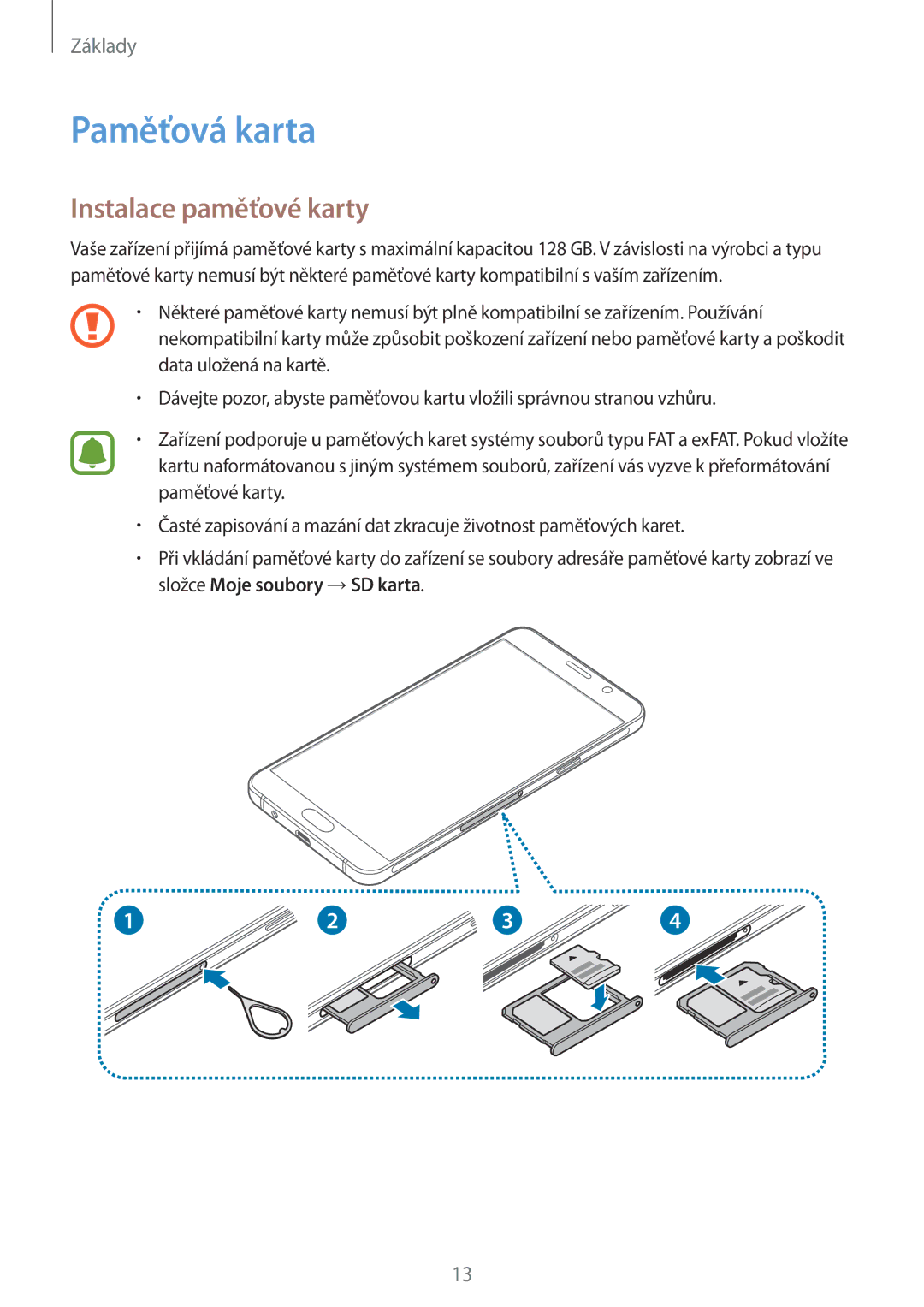 Samsung SM-A310FZKAO2C manual Paměťová karta, Instalace paměťové karty 