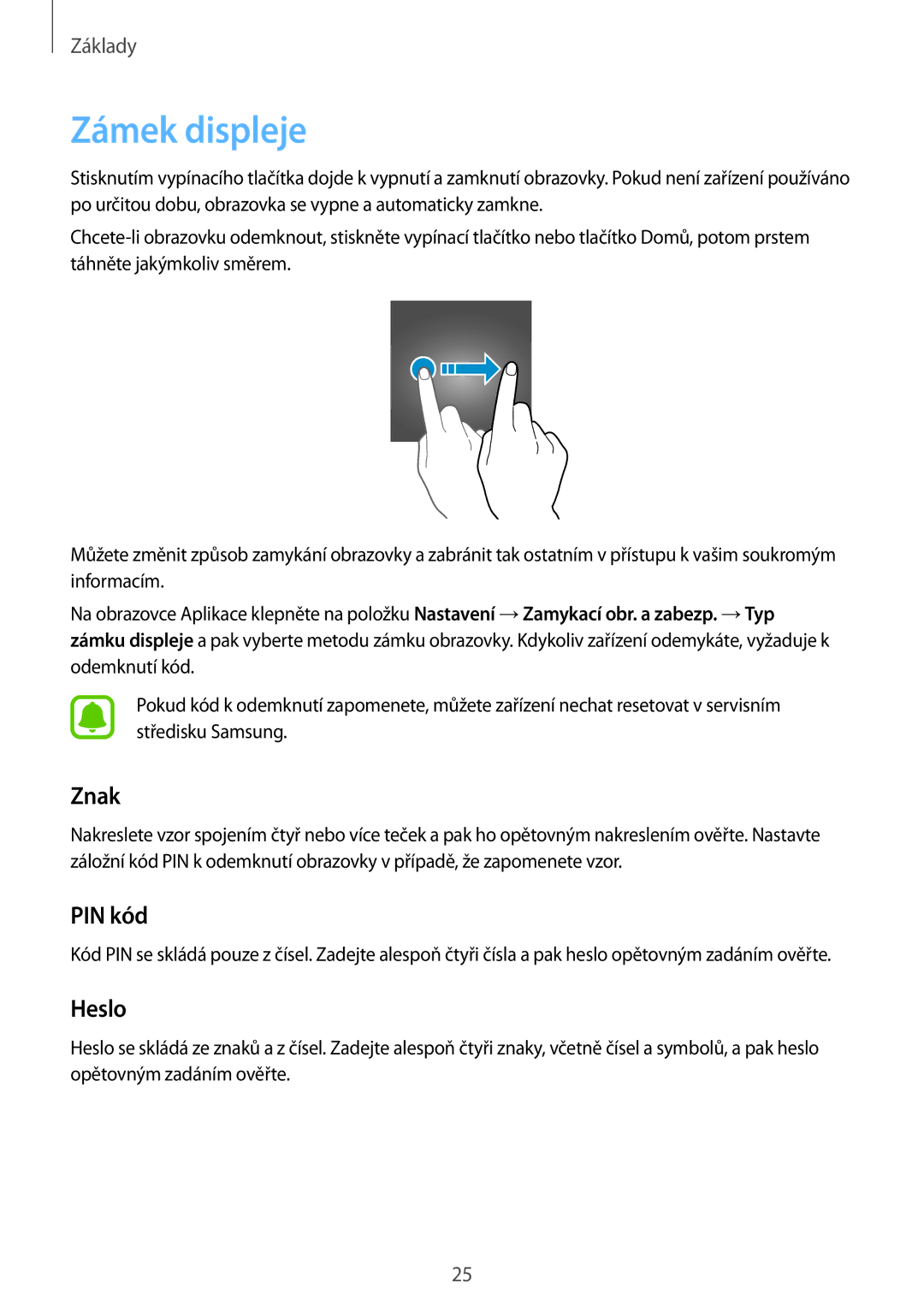 Samsung SM-A310FZKAO2C manual Zámek displeje, Znak, PIN kód, Heslo 