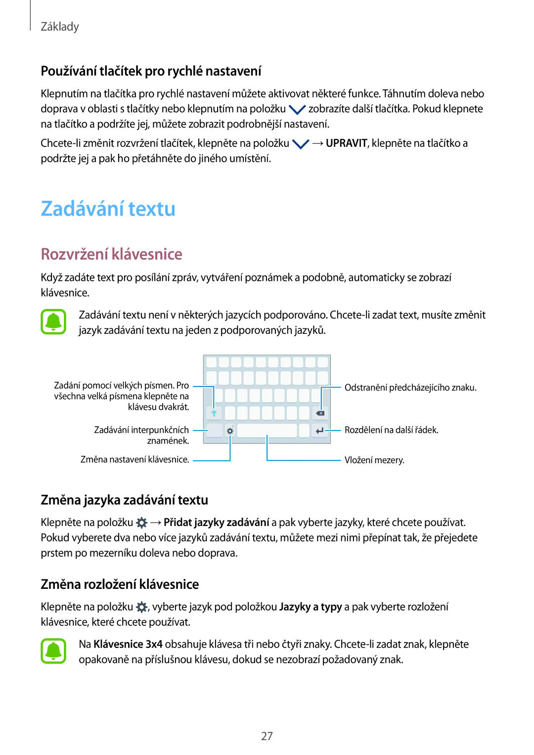 Samsung SM-A310FZKAO2C manual Zadávání textu, Rozvržení klávesnice, Používání tlačítek pro rychlé nastavení 